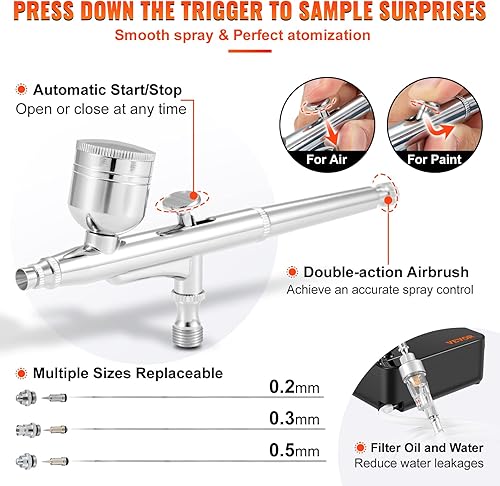 Miniatura 4 de VEVOR Kit de aerógrafo con compresor juego de aerógrafo multifunción de doble acción con agujas de 02030020in cepillo de aire portátil de 26PSI para