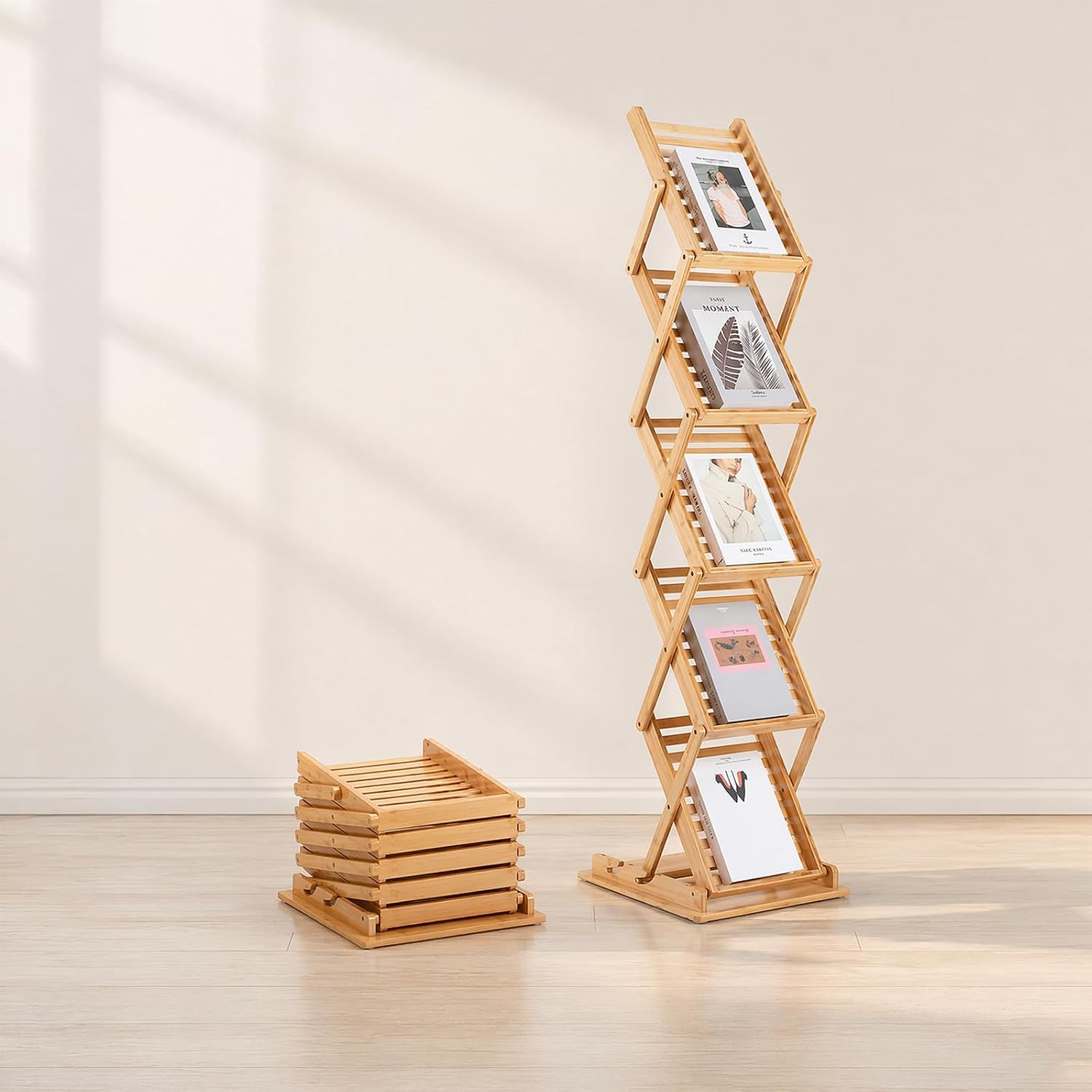 Premium Bamboo Magazine Rack - 5-Pocket Foldable Display Stand for Office, Trade Shows & Home Organization - A4 Literature Holder