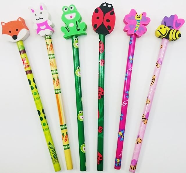 6 Cute Animal Eraser Topper Pencils Girl Boy Stationery School Gift Stocking Party Bag Filler Present Rubber Fun