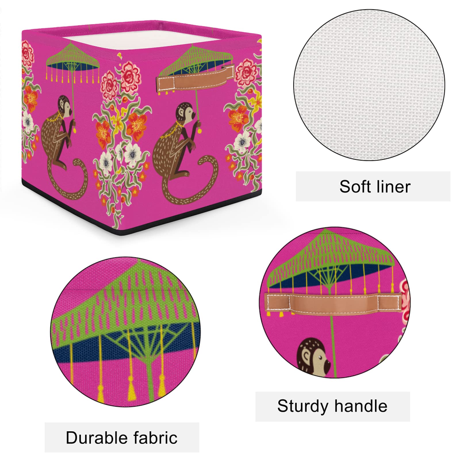 Storage Basket Cube - Vintage Monkey Chinoiserie Collapsible Canvas Bins For Toys, Laundry, Closet, Nursery (15x11x9.5 In, 2 Pack) - View #6