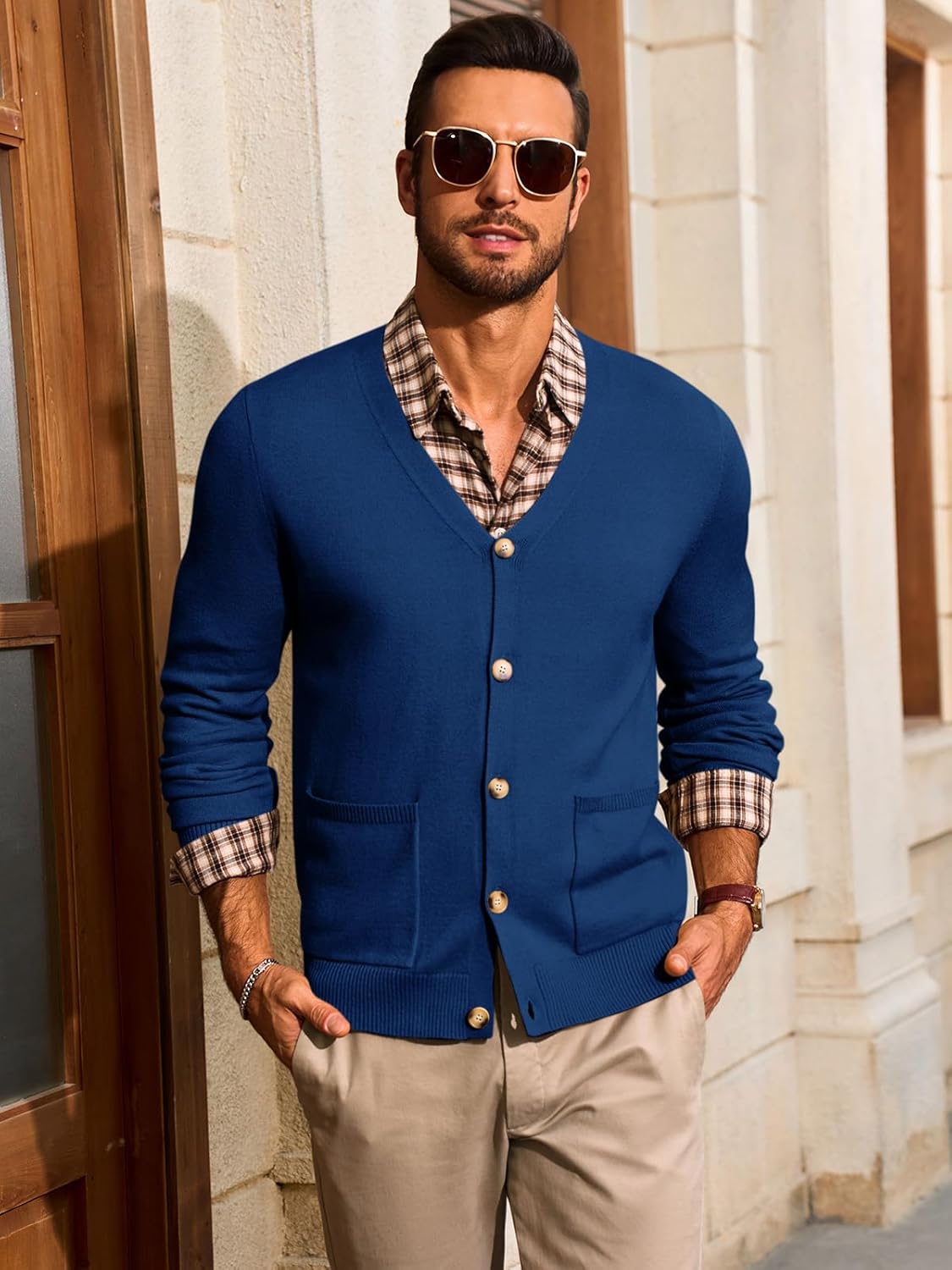 Runcati Mens Cardigan Sweater V Neck Button Down Sweaters Long Sleeve Lightweight Fall Knit Outwear with Pockets - Image 2