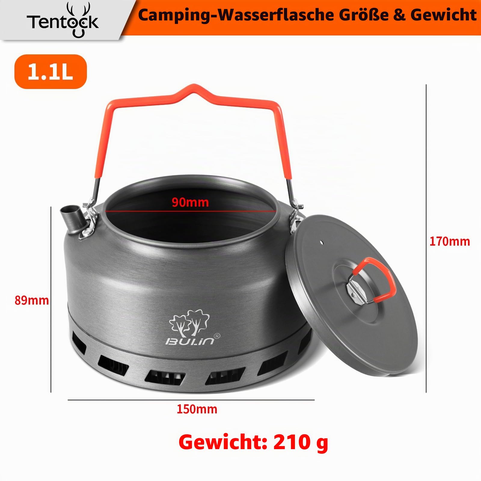 Tentock Wasserkessel Camping 1.1L / 1.6L – Schnelle Heizung mit Wärmetauscher, Energiesparender Aluminium Kessel für Gasherd, Ideal für Outdoor, Reise, Wohnmobil, Picknick – inklusive Netztasche(1.1L)
