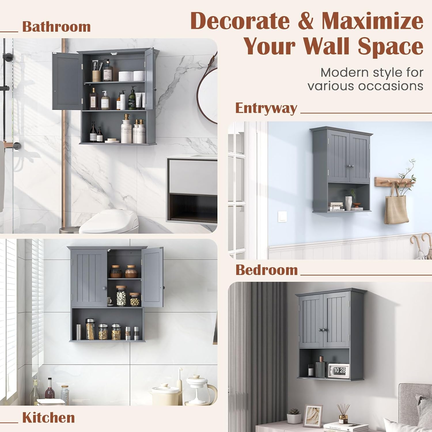 RELAX4LIFE Bathroom Cabinet Wall Mount - Bathroom Wall Cabinet w/2 Doors, Adjustable Shelf & Open Shelf, Over Toilet Storage Organizer for Laundry Living Room Kitchen, Modern Medicine Cabinet (Grey)