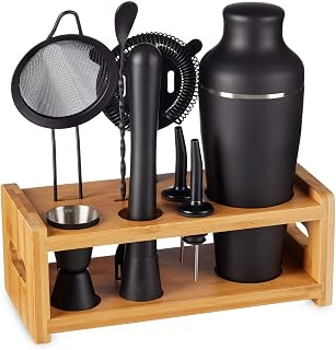 9-Piece Cocktail Shaker Bartender Kit with Stand, Matte Black Bar Tools | Boston Shaker, Mixing Spoon, Muddler, Measuring Jigger, Mesh & Regular Strainer, Liquor Pourers & More Professional Tools