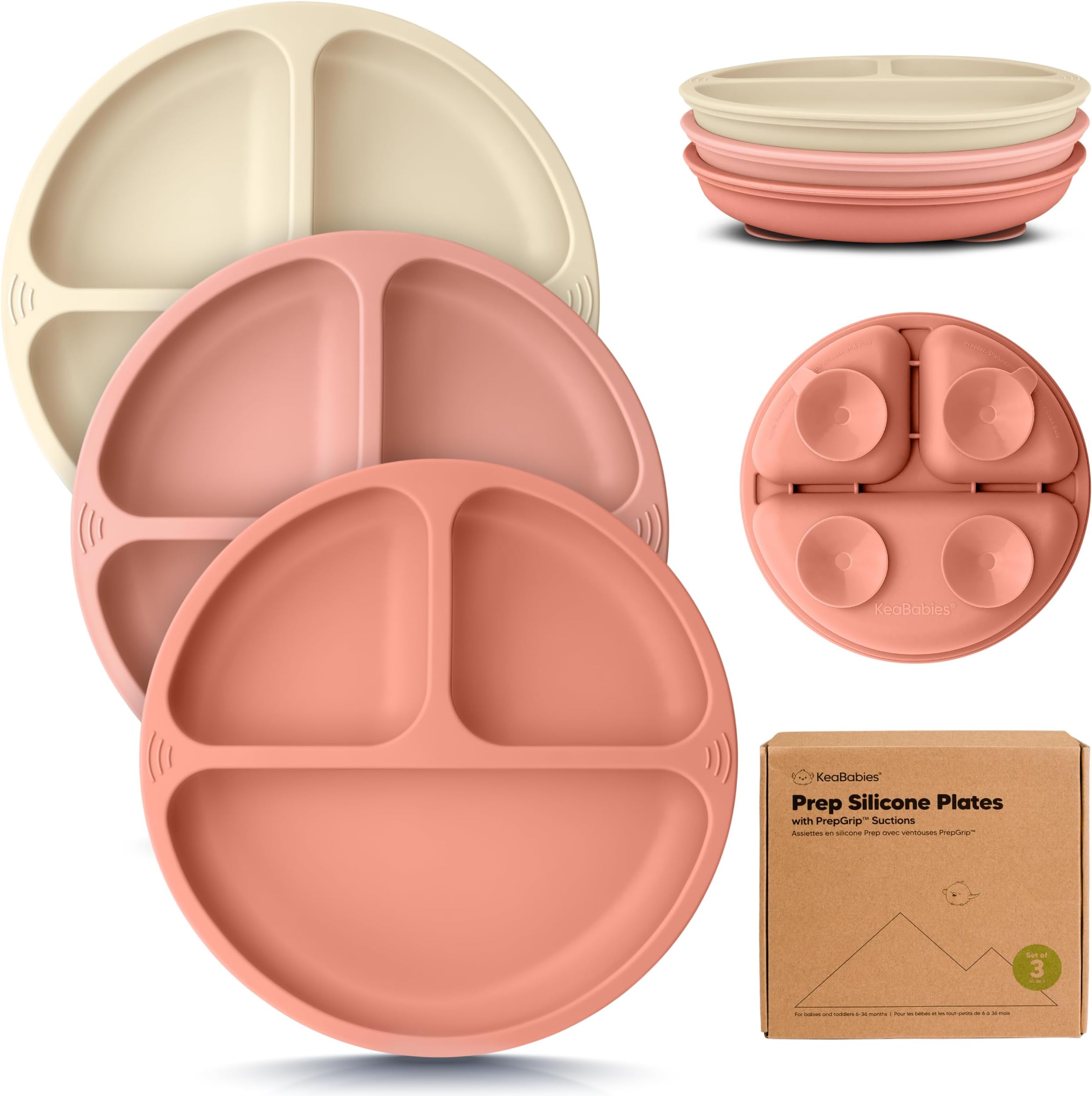 KeaBabies Suction Plates for Baby, Toddler - 3-Pack 100% Silicone Toddler Plates with Suction, Divided, BPA-Free Baby Led Weaning Essentials for Kids, Dishwasher, Microwave Safe, Durable (Roseate)