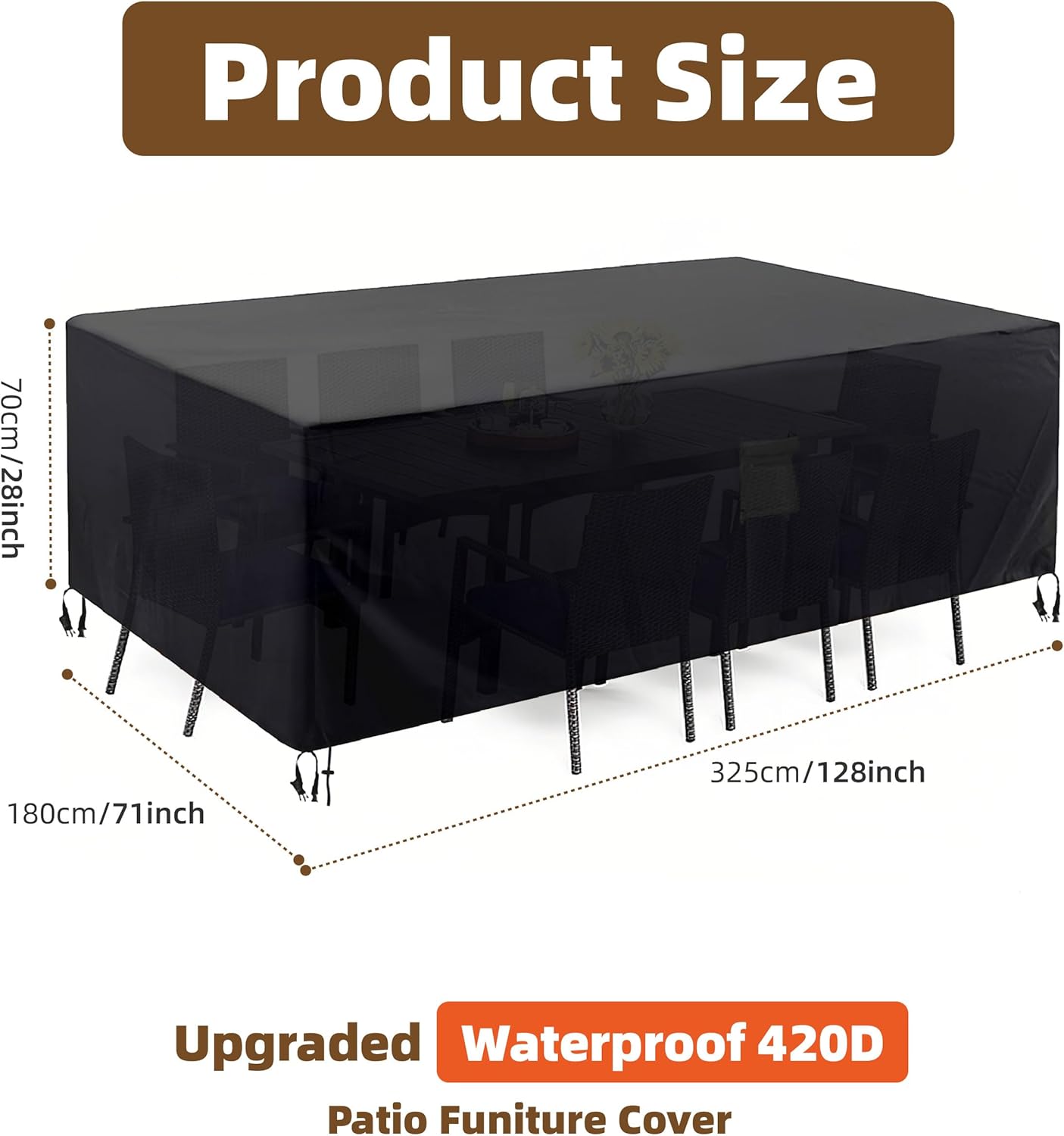 Outdoor Patio Furniture Covers Heavy Duty Waterproof, 128"L Sofa Set Cover with Windproof Straps, UV Protection for Table, Sectional, Chair