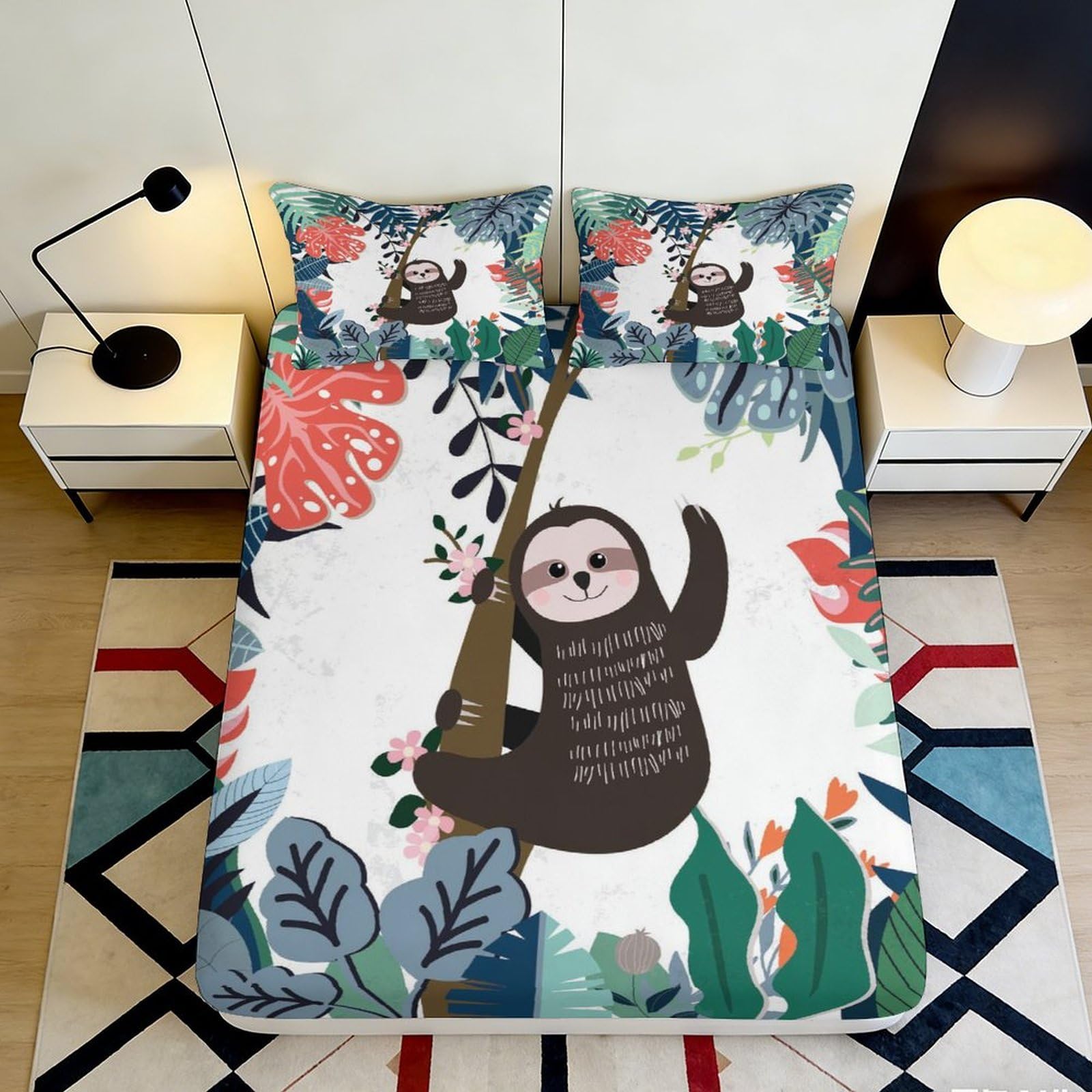 3D Printed Cartoon Sloth Fitted Sheet Microfiber Colorful Jungle Mattress Cover Anti-Slip Easy Care for Bedroom Guest Room 90x200x25cm