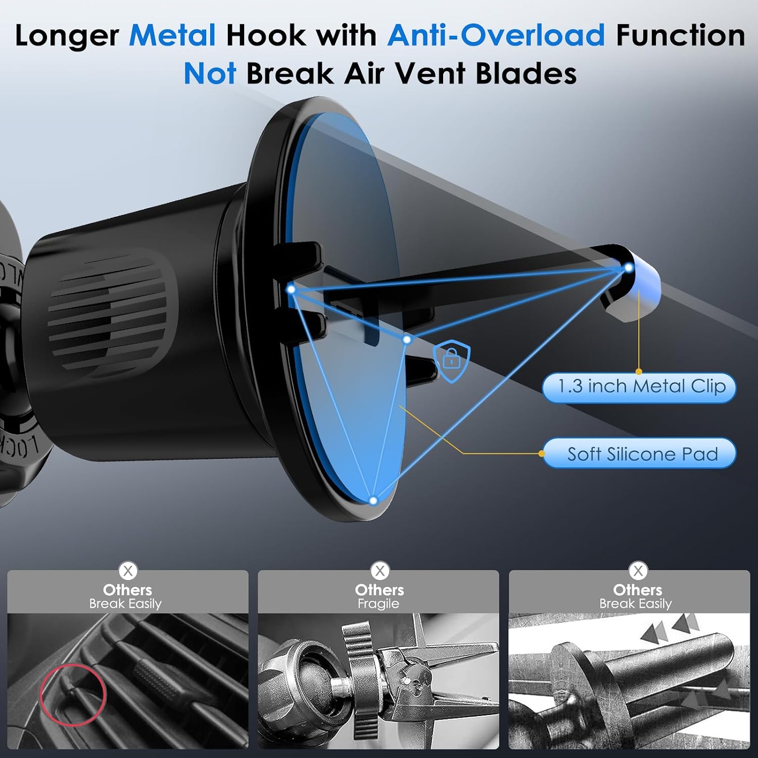 Phone Mount Holder for Car Vent 2023 Upgraded Aluminum Gravity Car Phone Holder Mount with Anti Overload Metal Hook Clip Hands Free Cell Phone Holder for iPhone 15 Pro Max 14 13 Large Phones image 5