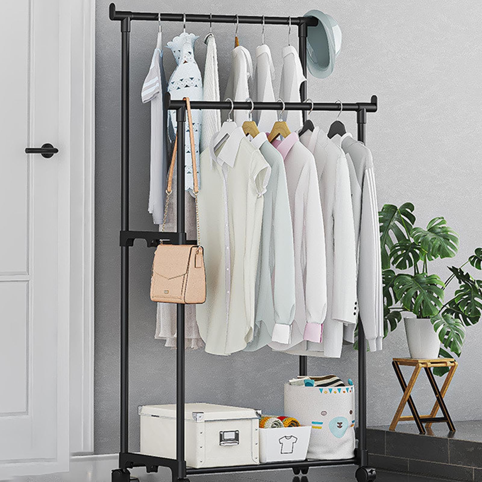 Burro De Ropa - Colgador De Vestimenta, Guardarropa | Soporte De Ropa Con Doble Barra Reforzada, Organizador De Vestuario Con Ruedas Giratorias Para Baño, Balcón, Habitación Juvenil, Garaje