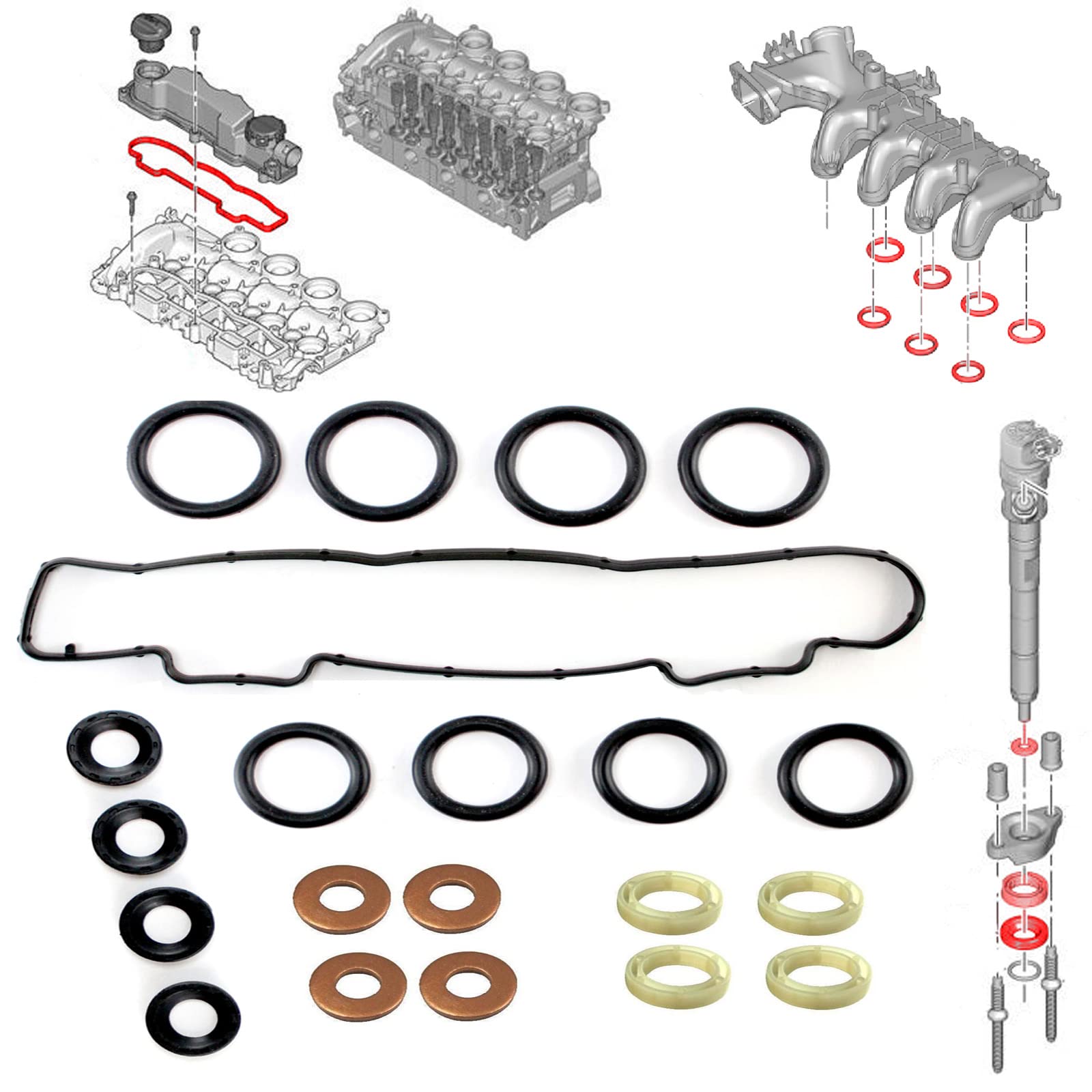 Kit Montage Joint Injecteur AVEC Joint d'Admission ET Joint de Cache Culbuteur compatible pour BERLINGO C2 C3 C4 C5 II III XSARA PICASSO 1007 206 207 CC SW 307 308 407 PARTNER 1.6 HDI - 1610564580