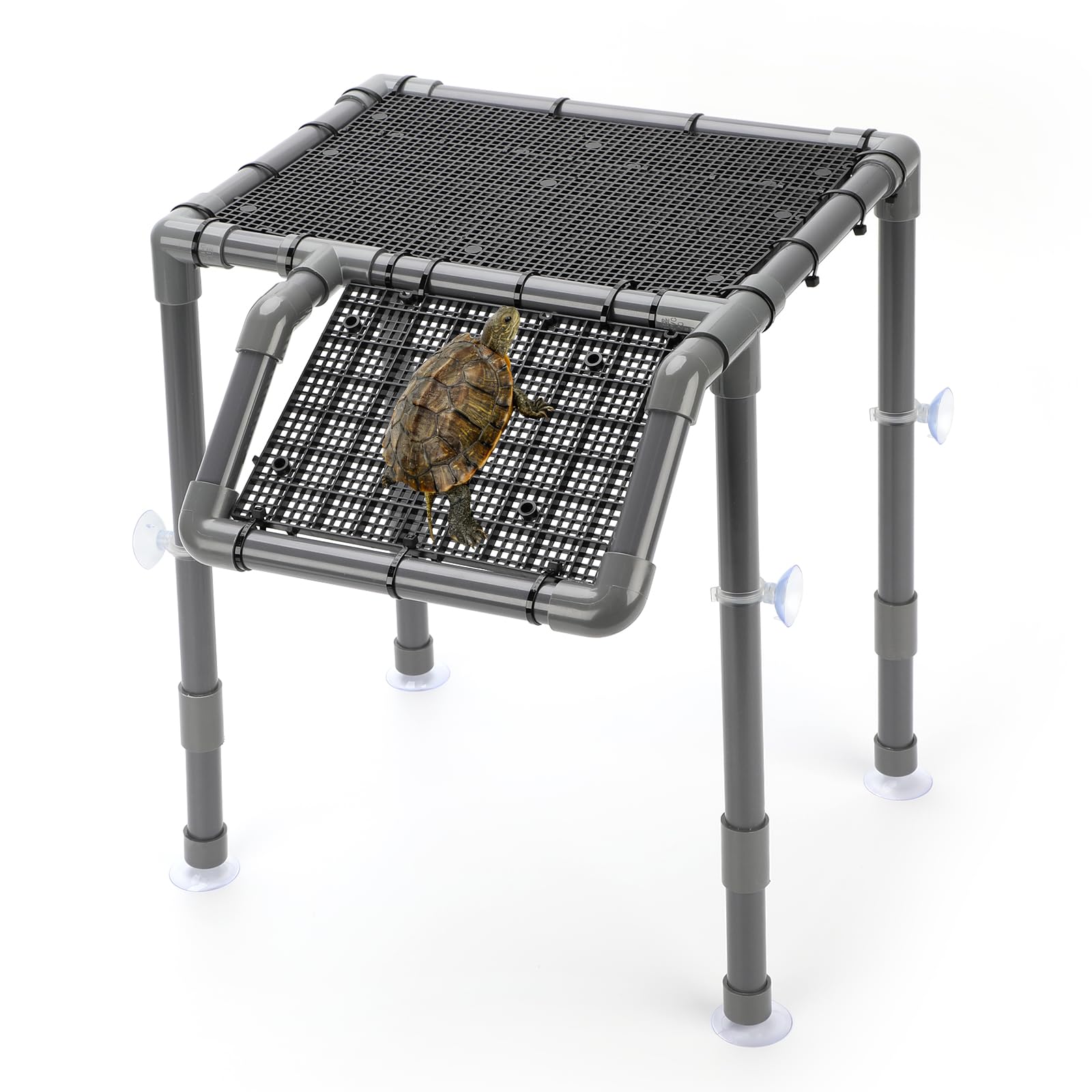 SKARUS Adjustable Turtle Basking Platform (12.8"-17" H) – Large Wall-Mounted Aquarium Dock for 20-150 Gallon Tanks, Dual Hanging Arms, Non-Slip PVC Ramp & Above-Water Dry Area for Aquatic Reptiles