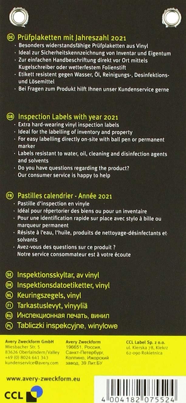 AVERY Zweckform 6944-2021 Resistant Year Test Badges 2021 (Strong Self-Adhesive, Small Size, Diameter 30 mm, 80 Stickers on 10 Sheets) Orange