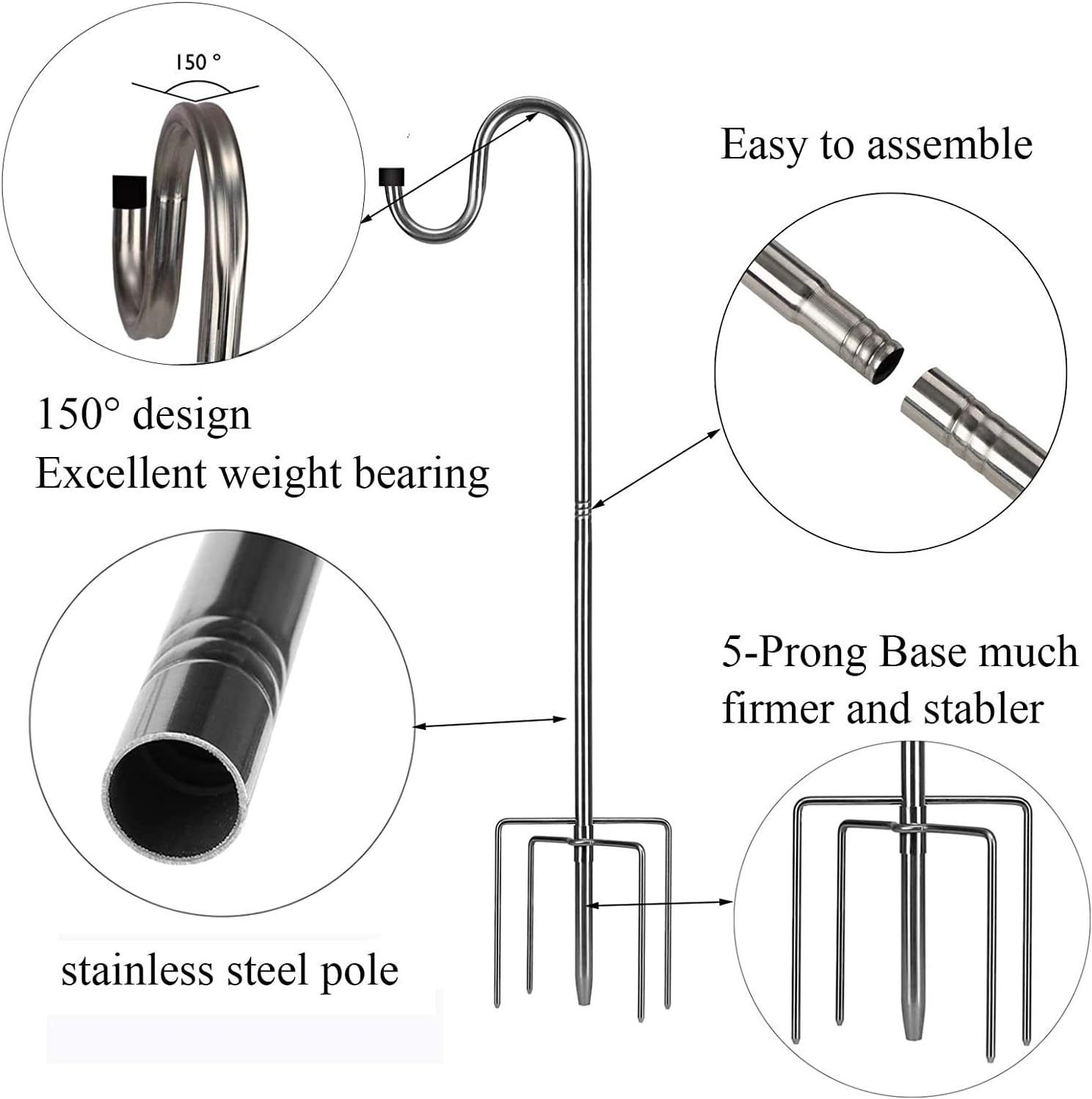 Shepherds Hook for Outdoor, 94 Inch Tall & 5/8 Inch Diameter Stainless Steel Heavy Duty Poles to Hang Outdoor Lights with 5 Prongs Base, Suitable for Bird Feeders or Wedding Decors(1pack)