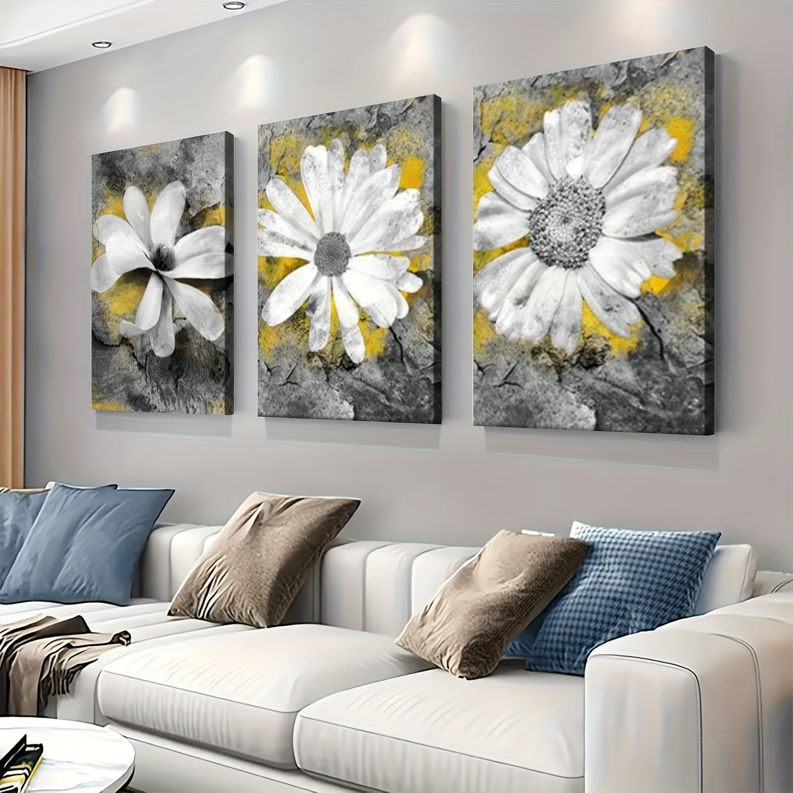 IXEHOH 3 Teiliges Leinwandbild Weiße Gänseblümchen Gelb Grau Abstrakt Blumen Bilder Wanddeko Wohnzimmer Modern Blumenbilder Wandbild Aesthetic Wall Art Vertical Wall Art Wandkunst 70x90cmx3