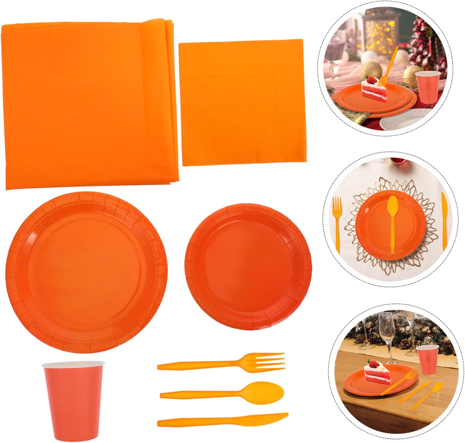 Orange Party Tableware Set Single Use Plates Cups Napkins Cutlery Pe Tablecloth for Celebrations