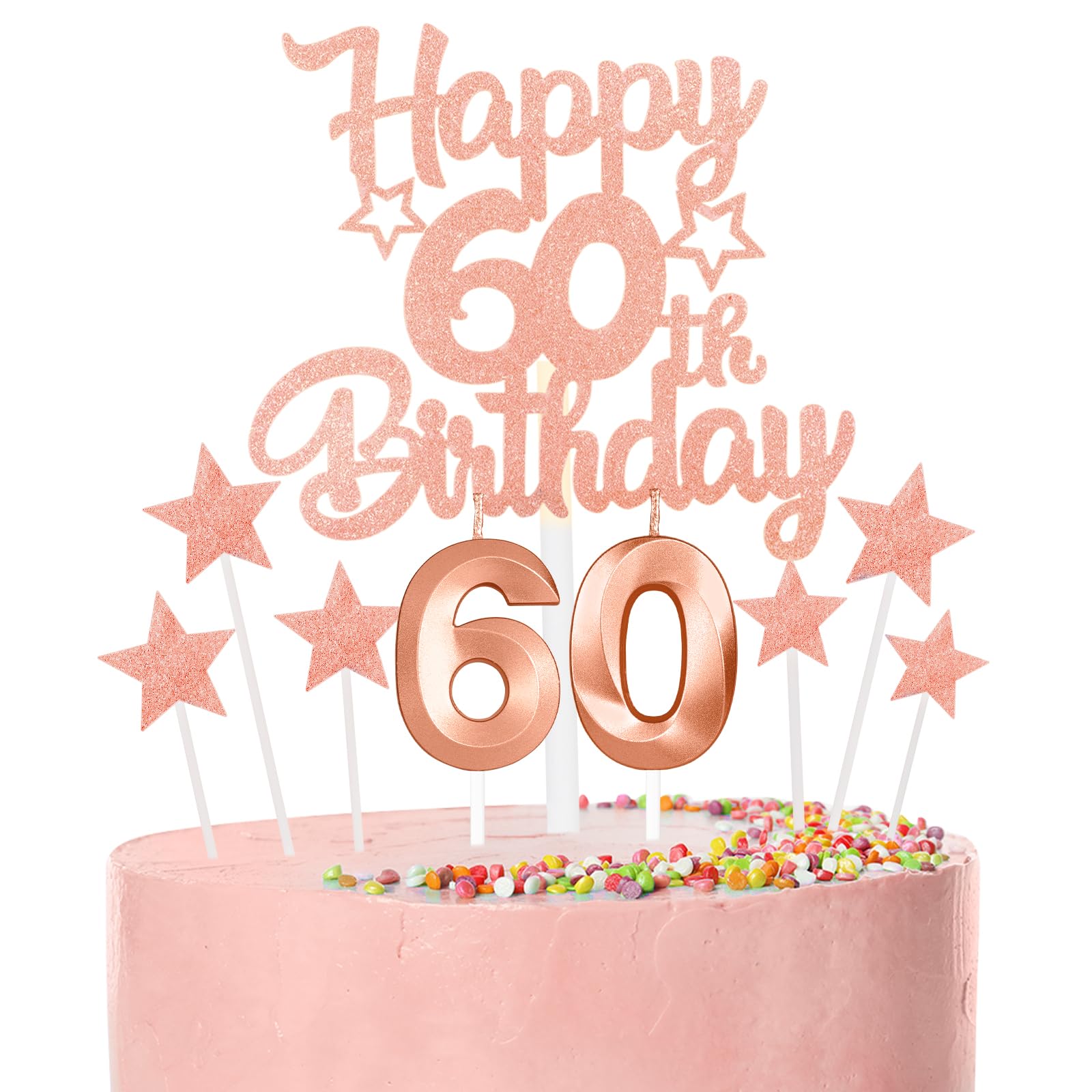 Rose Gold Happy 60th Birthday Candles Cake Topper Set,Rose Gold Number 60 Birthday Candles with Rose Gold 60th Birthday Cake Toppers Star Cupcake Toppers for Men Women Birthday Anniversary Decor