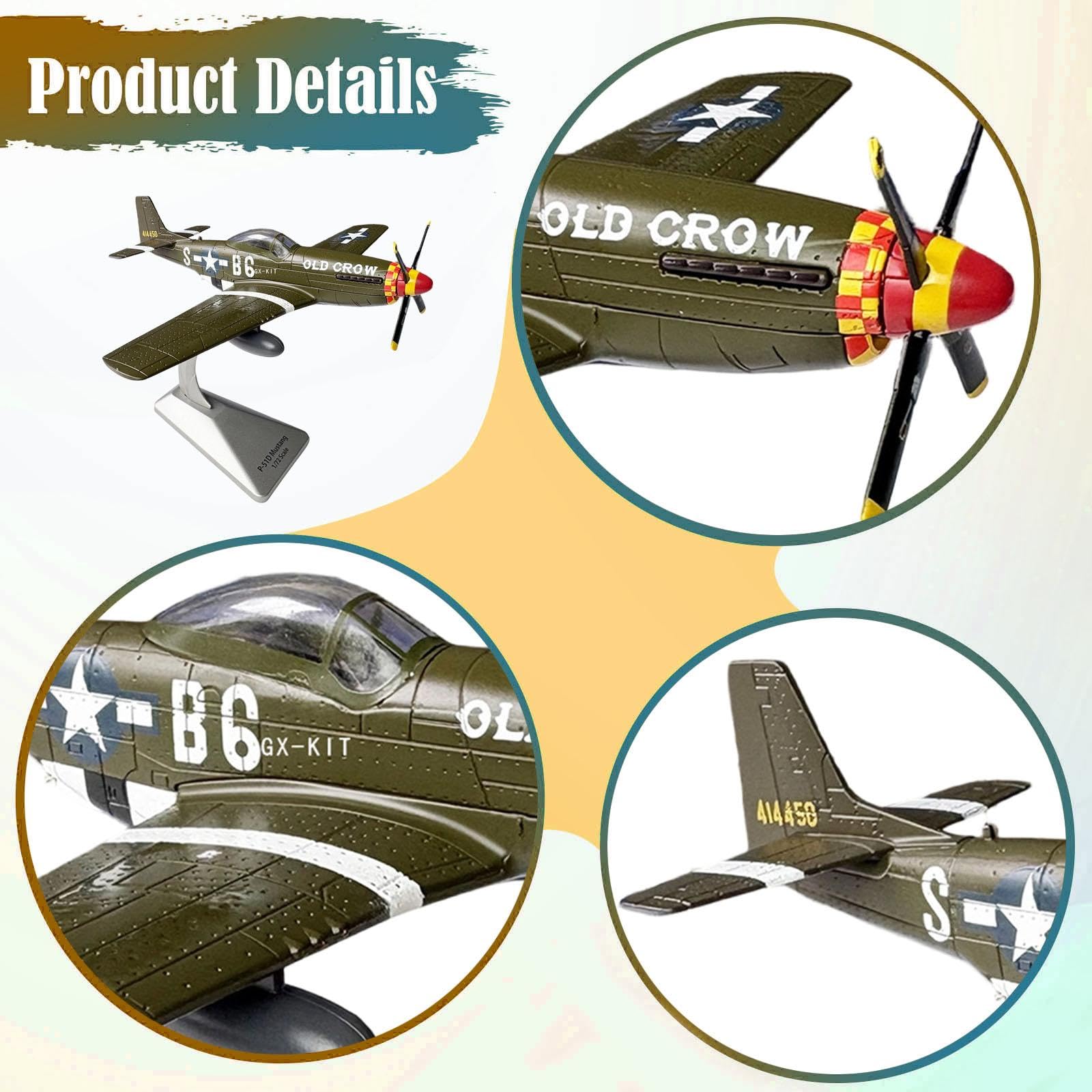 Modellino di Aereo da Combattimento P51D in 1/72 con Base, Ideale per Decorare casa, Mobile TV, Camera da Letto e scrivania.