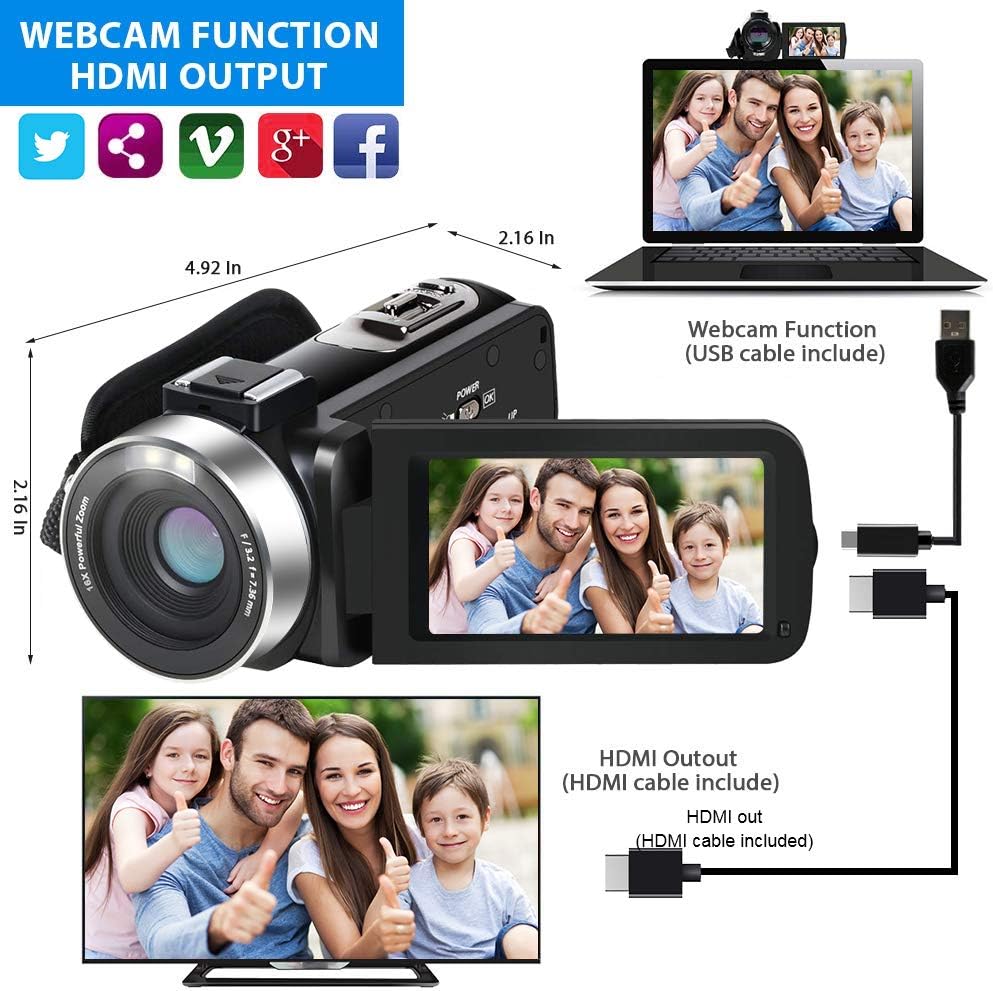 Video Camera Camcorder, 1080p 30FPS Digital YouTube Vlogging Camera Recorder with LED Fill in Light Support External Microphone Full HD 30MP 18X Digital Zoom with 2 Batteries HDMI Cable Included