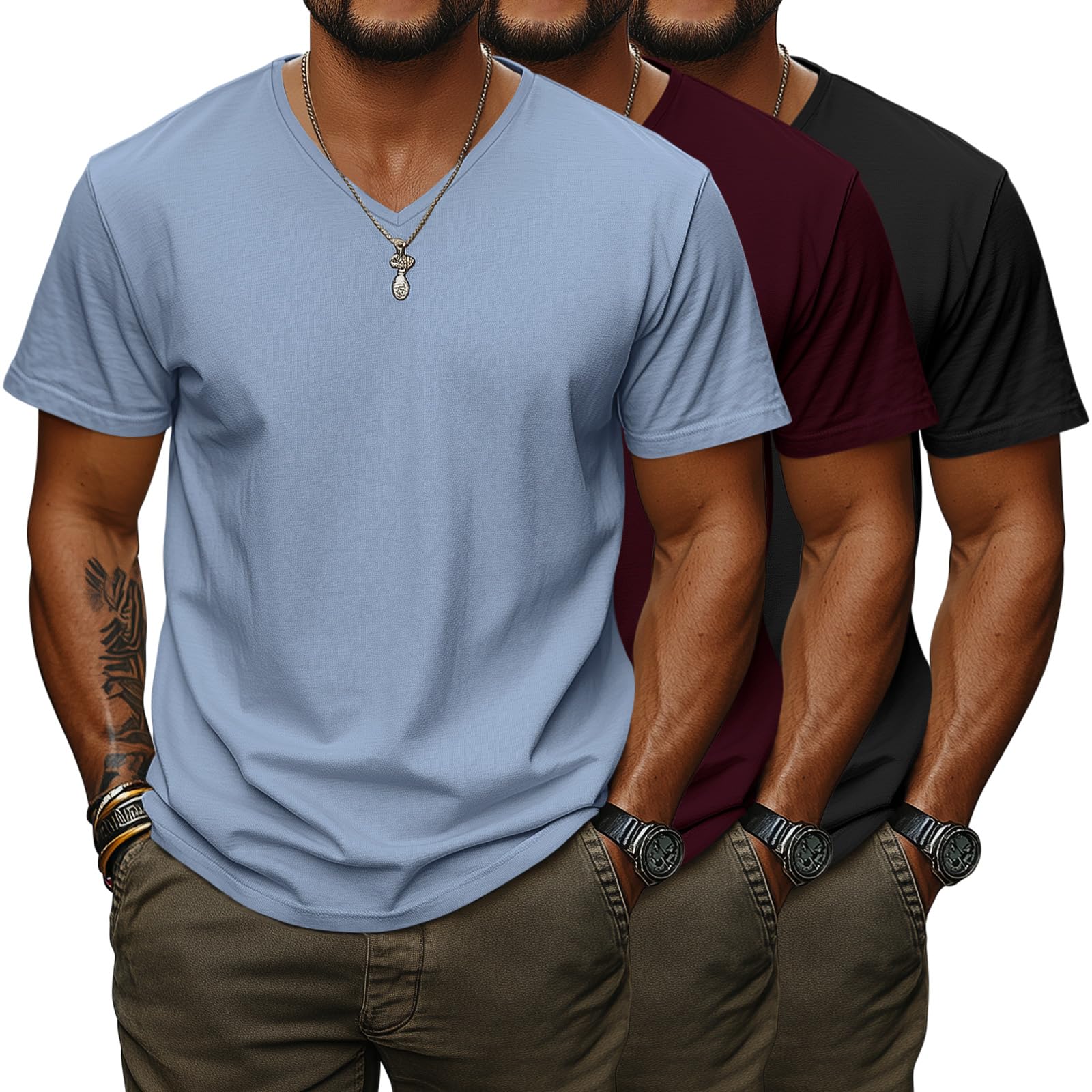Ficerd 3 Pack Big and Tall V Neck Shirts for Men, Cotton Short Sleeve T Shirts Loose Casual Summer Basic Tee