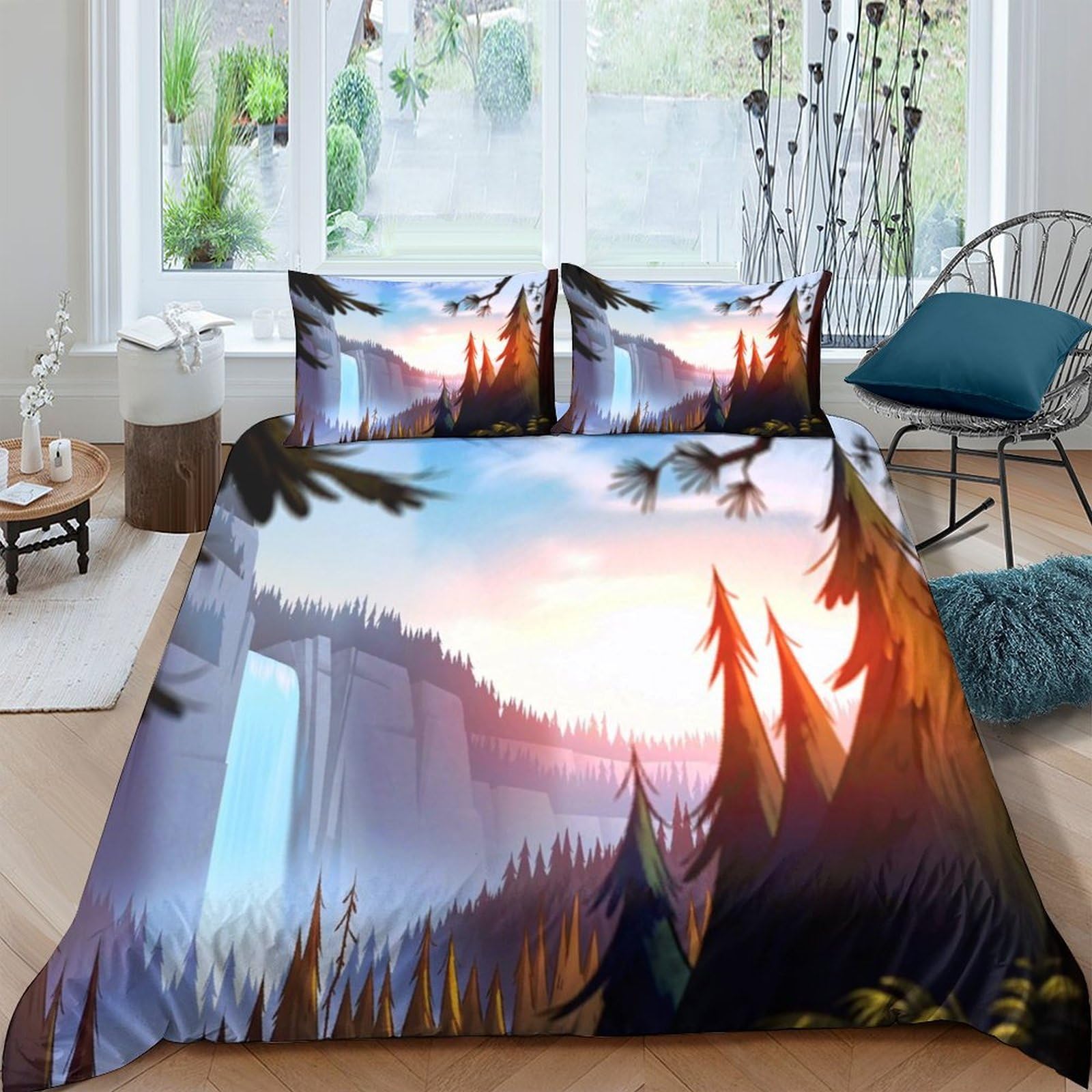 Ctjqhvkz Style-9 3D Printed Forest Sunrise Fitted Sheet Microfiber Soft Breathable Waterfall Landscape Bed Cover For Bedroom Dorm Mattress Protection Decor Single（135X200cm）