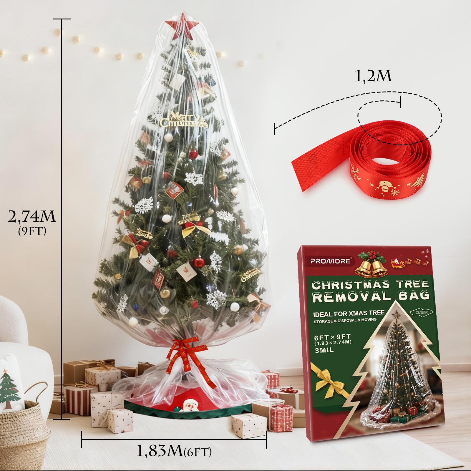 Sac de Rangement pour Sapin de Noël Arbre Transport étanche Extra Large,2,7 m de Haut par 1,8 m de Large,Sac en Plastique Imperméable - Clear