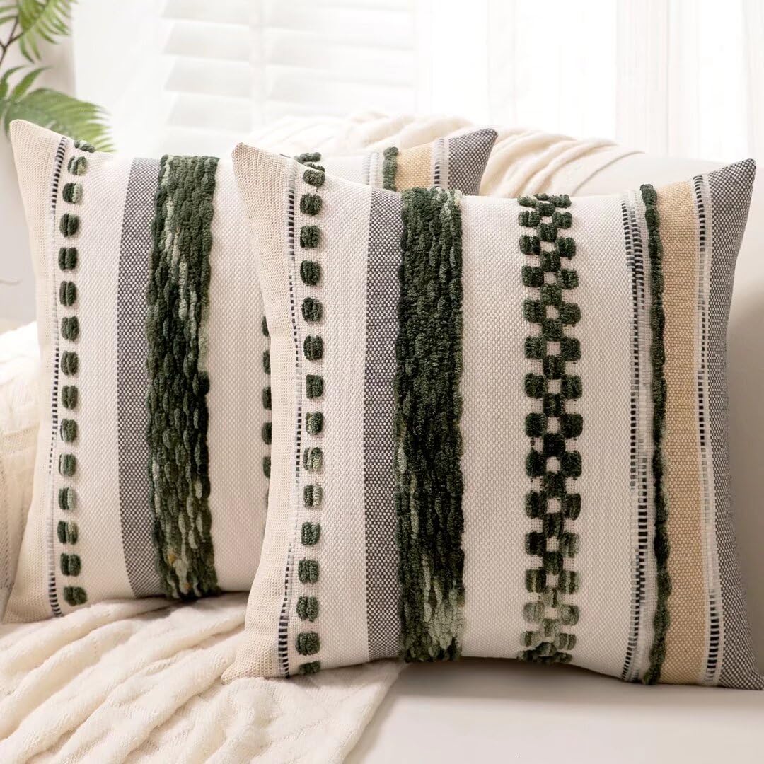 Boho Throw Pillow Covers 18x18 Set of 2 Christmas Decorative Cushion Case Striped Square Pillows Cover Chenille Pillow Cases Accent Neutral Pillowcase for Sofa Couch Bed,Dark Green