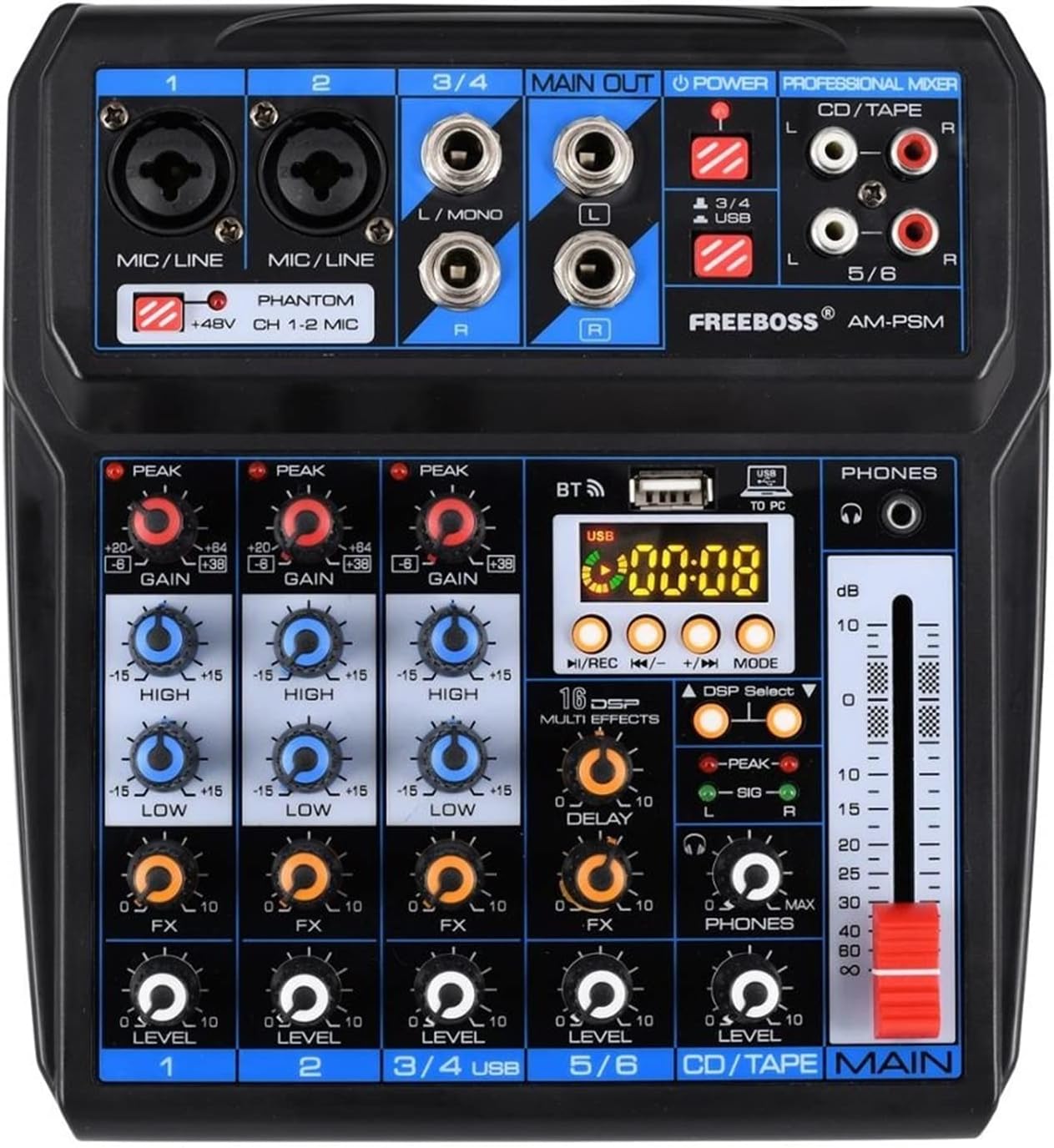 Professional o Mixer AM-PSM Power Supply USB Record Computer Record Sound Card 6 Channel 2 Mono 2 Stereo 16 Effects o Mixer Sound for a Wide Range of Uses (Color : U-S) (U)