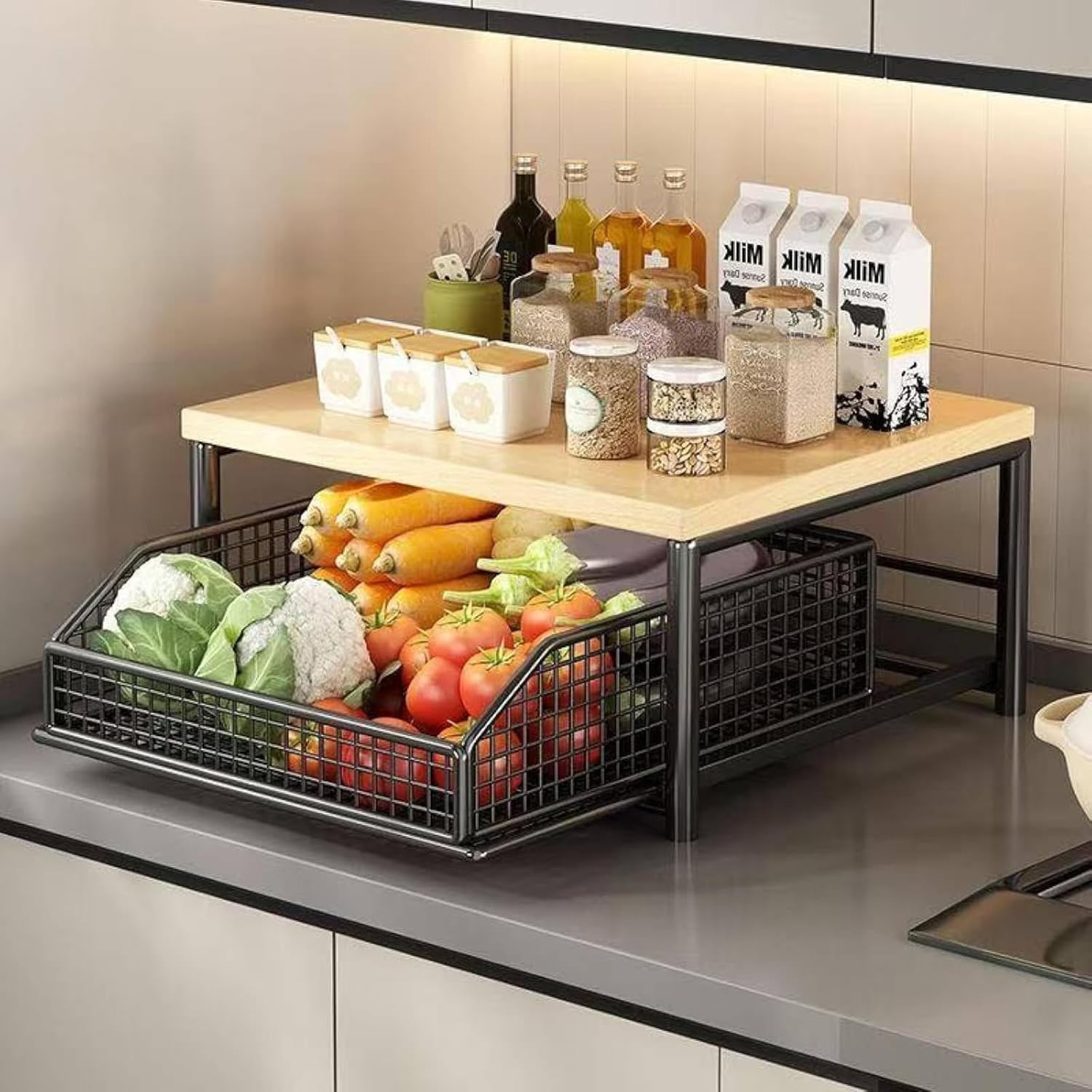 Küchen-Arbeitsplatten-Organizer mit Schublade und Drahtkorb, 2-stöckiges Holzregal für Kaffeestation, platzsparende Aufbewahrung für Mikrowelle, Toaster, Gewürze und Küchenutensilien