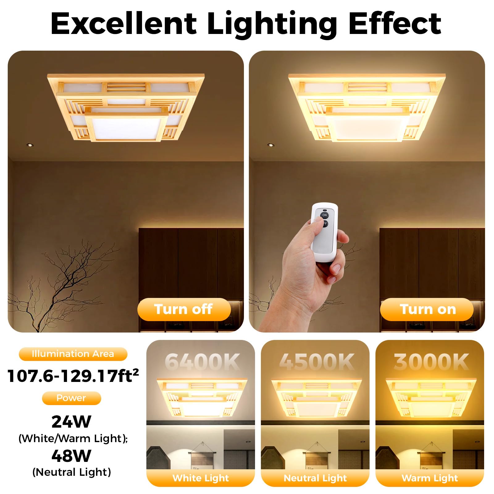 Plafón LED cuadrado, techo de madera, tres colores ajustables con mando a distancia, diseño japonés moderno, alcance del mando a distancia, aproximadamente 5 metros, sombra cerrada, para salón