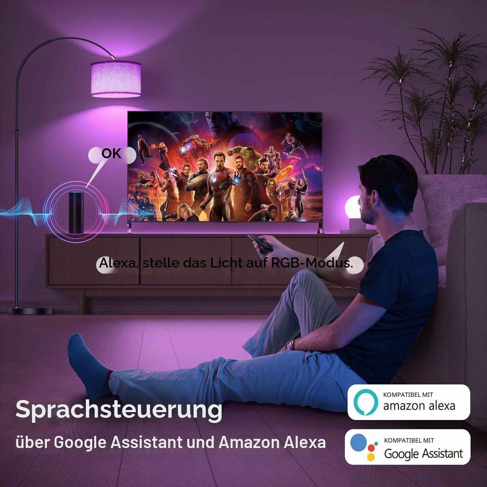 ANTENLICHT LUNA Bogenlampe Wohnzimmer Stehlampe Vintage, Inklusive LED E27 | Standleuchte mit Beige Stoffschirm I funktioniert mit Alexa und Google Home I RGB Stehleuchte Dimmbar für Schlafzimmer