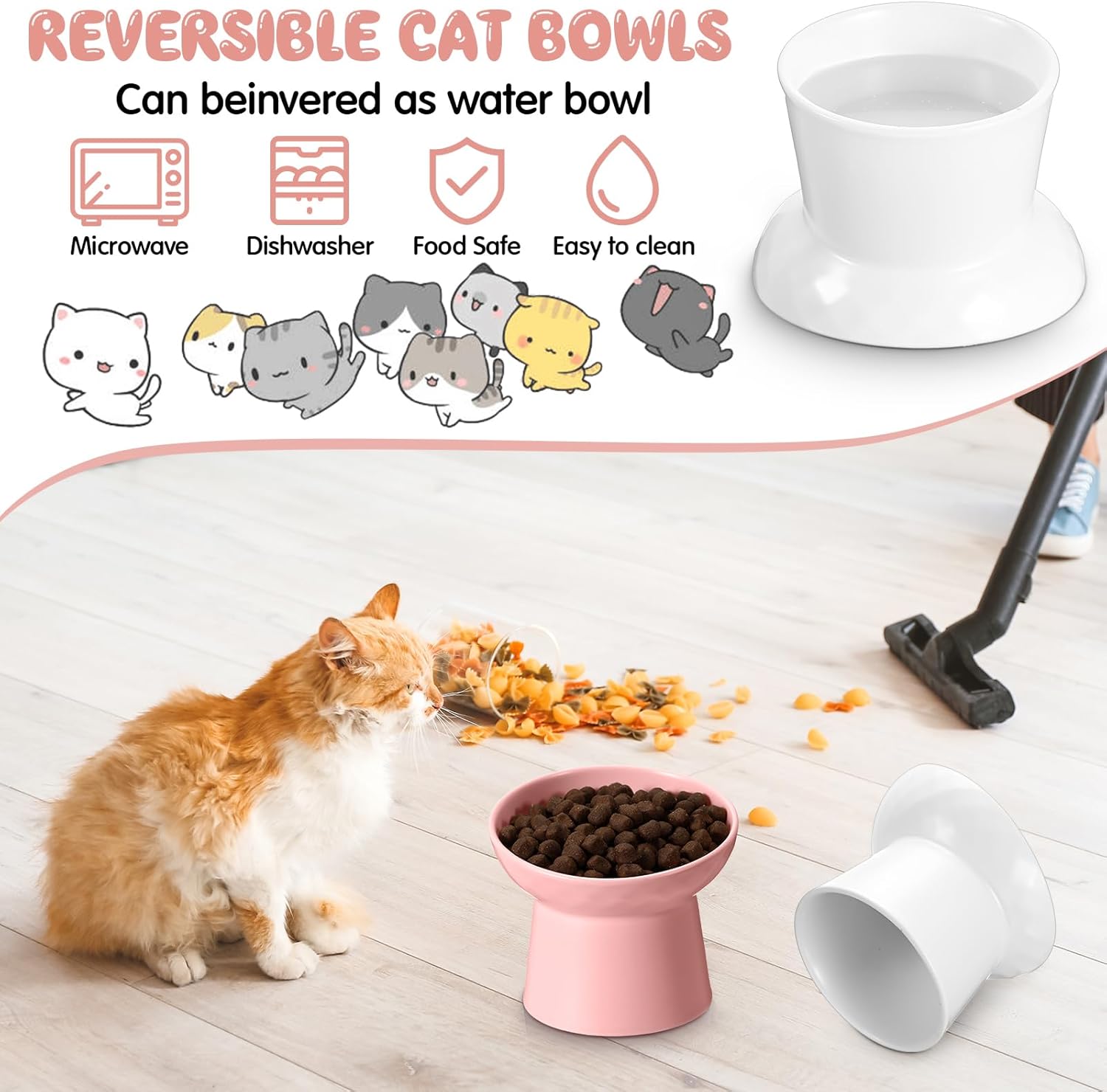 Tanlade 4 Pcs Ceramic Raised Cat Bowls, Elevated Tilted Cat Bowl for Food Water, Stress Free, Backflow Prevention, Dishwasher Microwave Safe, Feeder Dish for Indoor Kitten, Small Dogs(White and Pink)