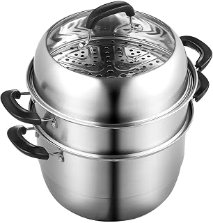 11 in/28 cm 3 Tier Steamer Pot for Cooking with 8.5QT Stock Pot, Vegetable Steamer & 2 Steaming Tray, Food-Grade 304 Stainless Steel Food Cookware for Gas Electric Stove Grill