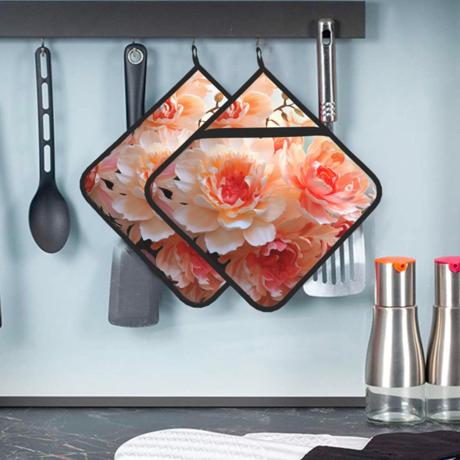 2 Pcs Pot Holders for Kitchen Heat Resistant Cotton Potholers Peach Peony Oven Hot Pads for Microwave Cooking Baking BBQ