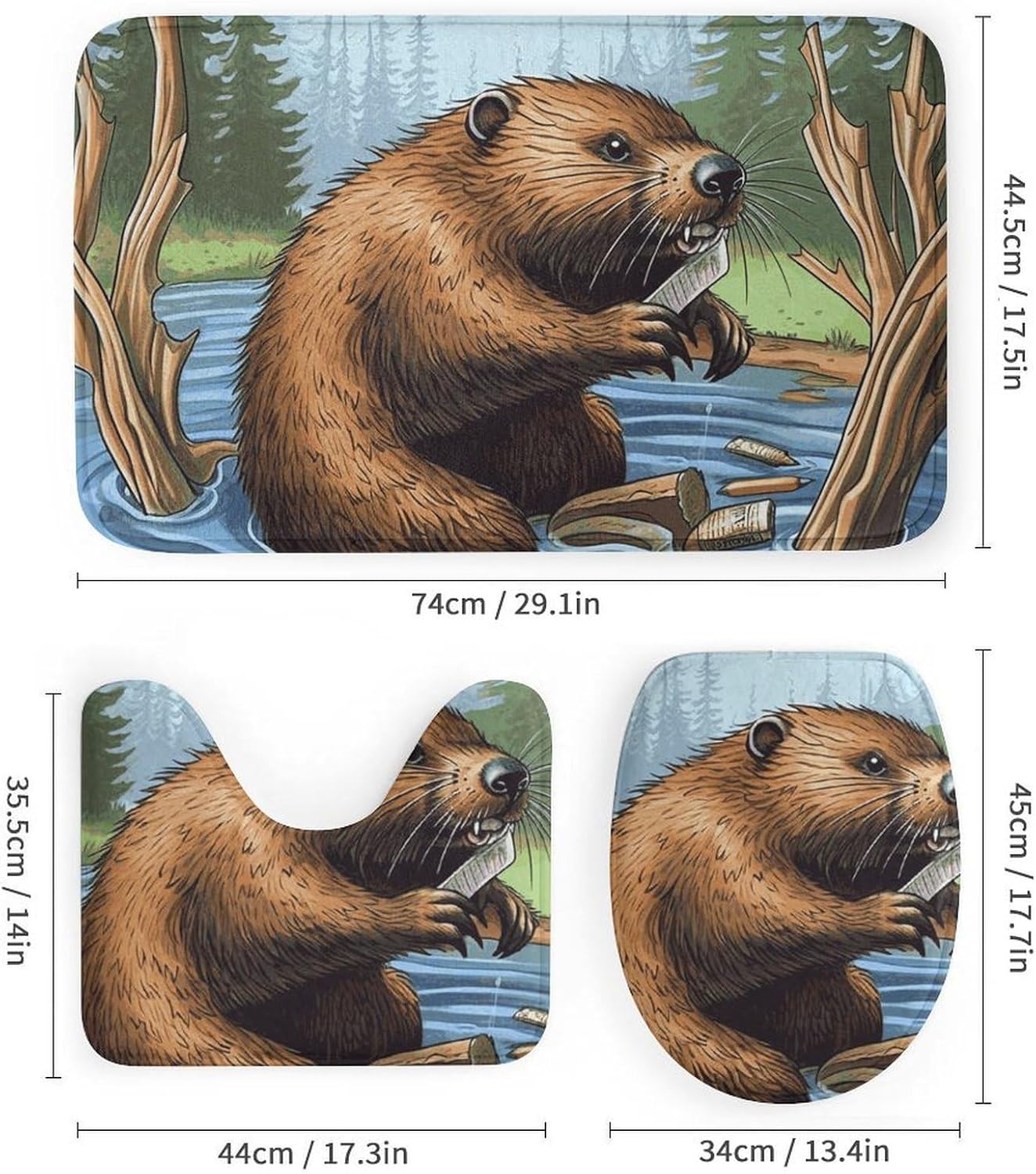 Busy Beaver Cartoon Shower Curtains Set 4 Piece with Non-Slip Rugs, Toilet Lid Cover and Bath Mat Soft Bathroom Carpet Waterproof Bathroom Curtain with 12 Hooks for Bathroom Decor