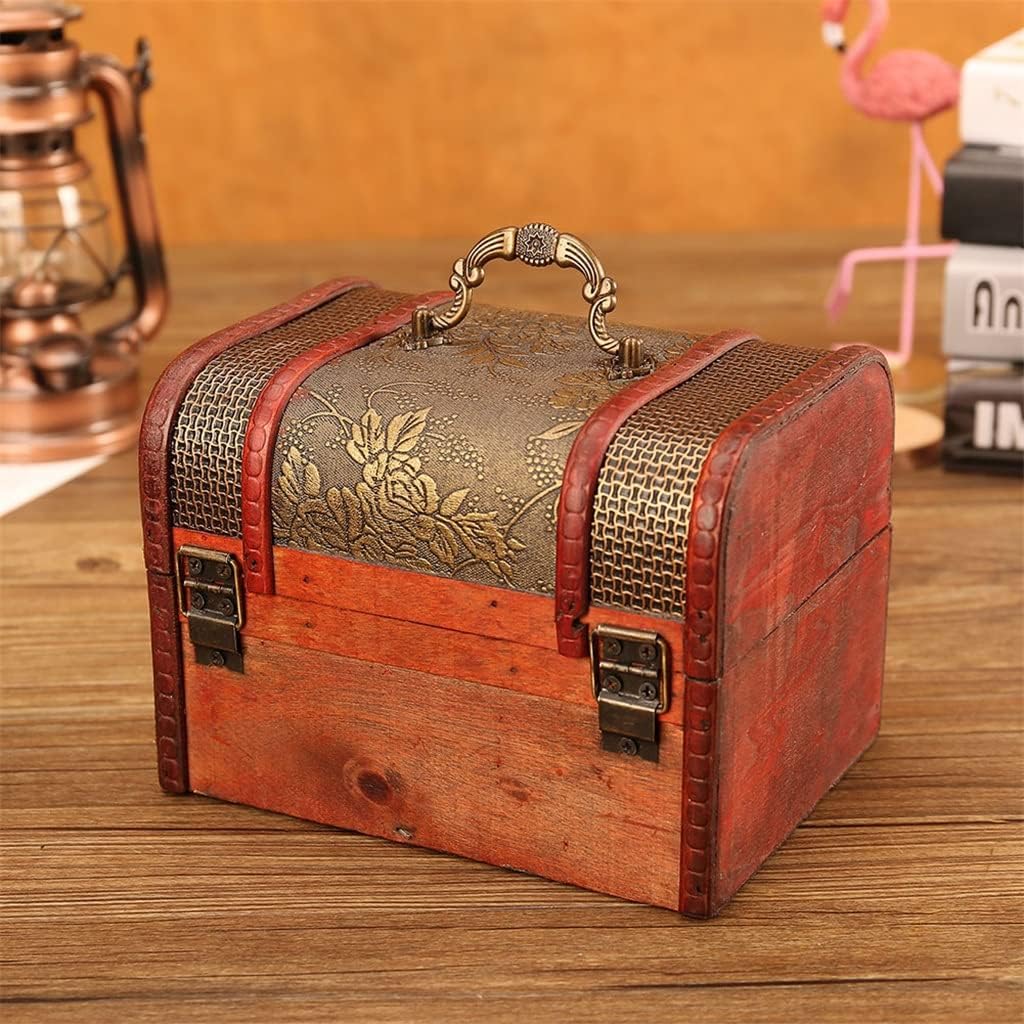 Vintage Wood Case with Lock Storage Container Box Trinket Bracelet Pearl Wooden Treasure Chest(10x6x6.5cm)