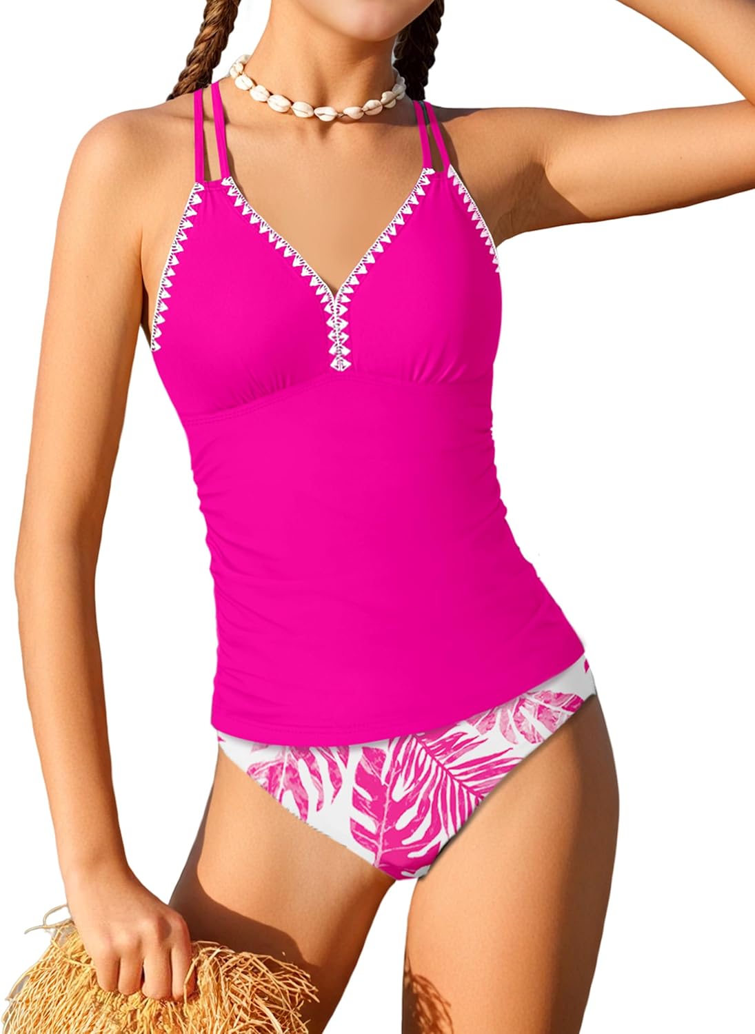 Queenstyle Girls Tankini Swimsuit V Neck Crochet Edge Bathing Suit Cross Back Straps Two Piece Swimwear for 9-16 Years