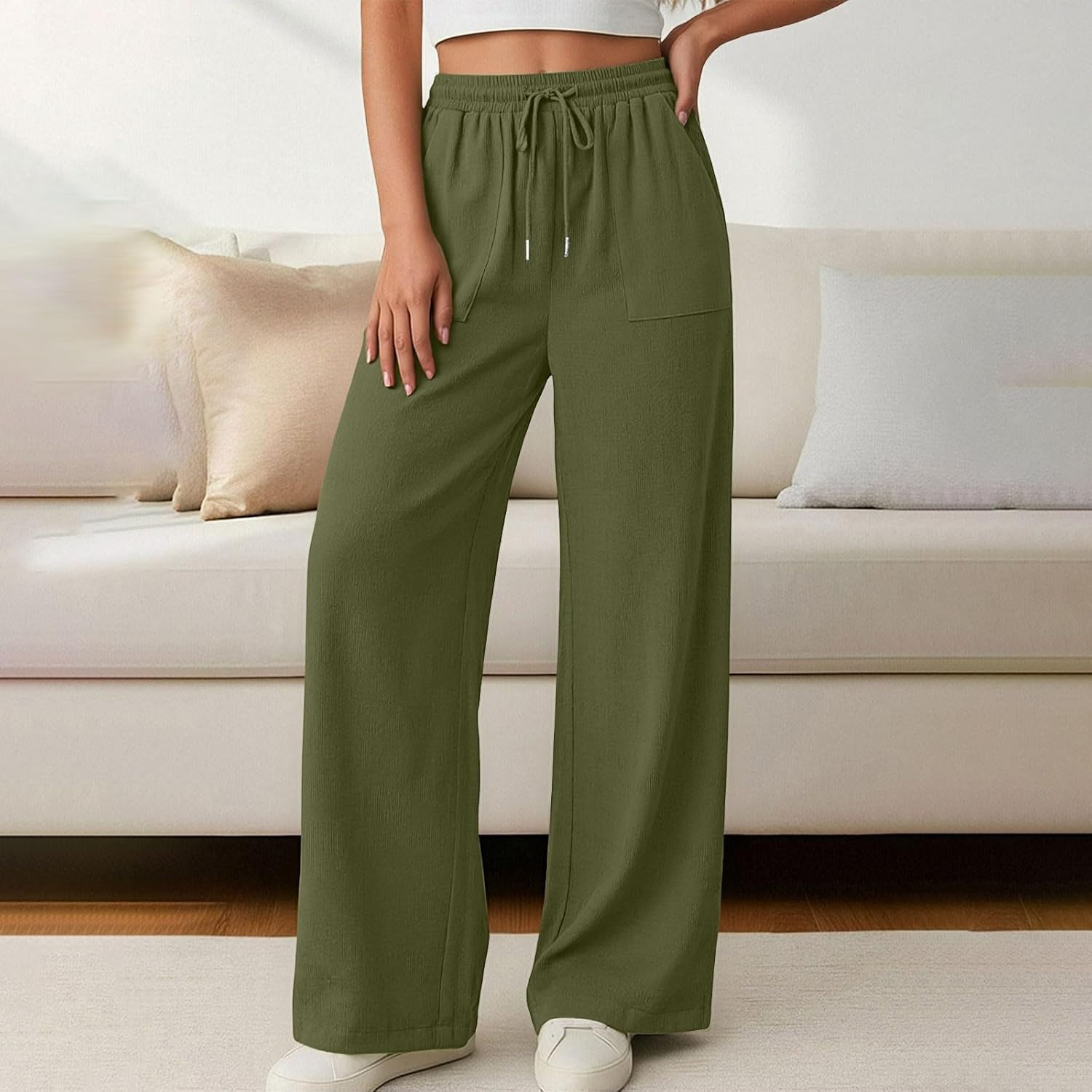 Linen Pants for Women Wide Leg Palazzo Pants Beach Vacation Cotton Summer Flowy Drawstring Trousers with Pockets