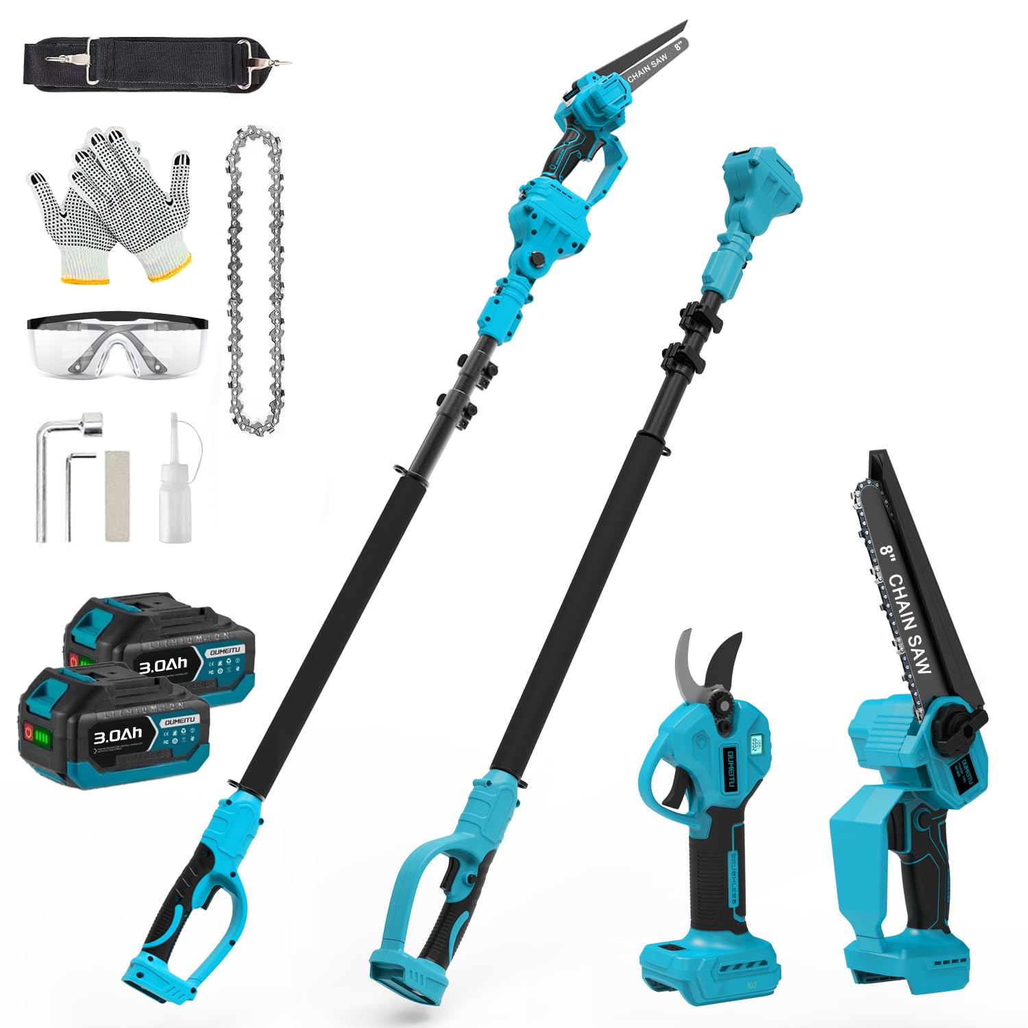 4-in-1 8 Zoll Mini Kettensäge & Akku Elektro Gartenschere für Makita 18V Akkus mit Teleskopstange & 30 mm Akku Astschere, Akku hochentaster mit 2 x 3.0Ah Akku & Bürstenloser, Arbeitsreichweite 4M