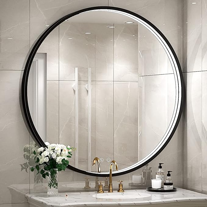 FTOTI 32 Inch LED Black Frame Round Bathroom Mirror with