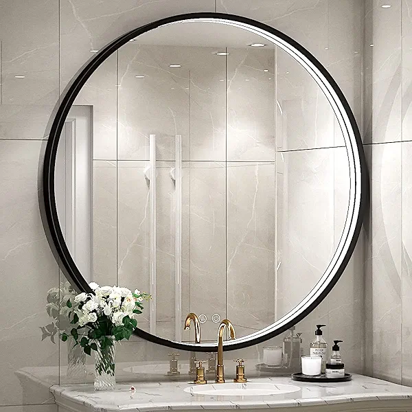 FTOTI 32" Round LED Bathroom Mirror, Dimmable Anti-Fog Vanity Mirror with Touch Control, 6000K Natural Light, Black Metal Frame, Wall Mounted for Makeup Shaving (IP54, 90+ CRI)