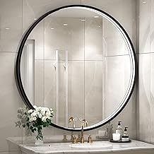 32" Round LED Bathroom Mirror, Dimmable Anti-Fog Vanity Mirror with Touch Control, 6000K Natural Light, Black Metal Frame, Wall Mounted for Makeup Shaving (IP54, 90+ CRI)
