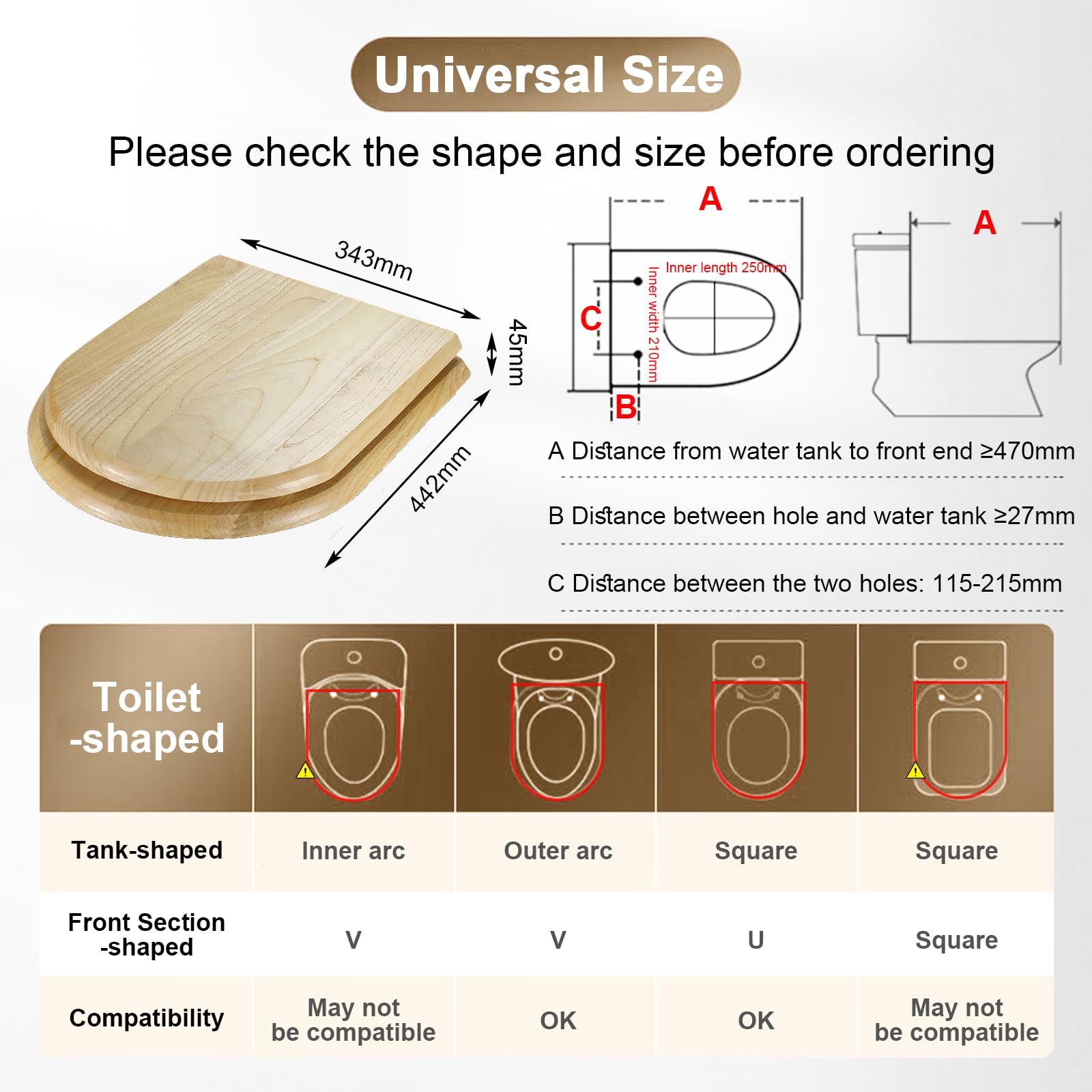WC-Deckel aus Holz mit Absenkautomatik, D-förmiger WC-Sitz, einfache Montage(Von unten installieren), passend für die meisten WCs, Tragkraft bis 150 kg (Klein)