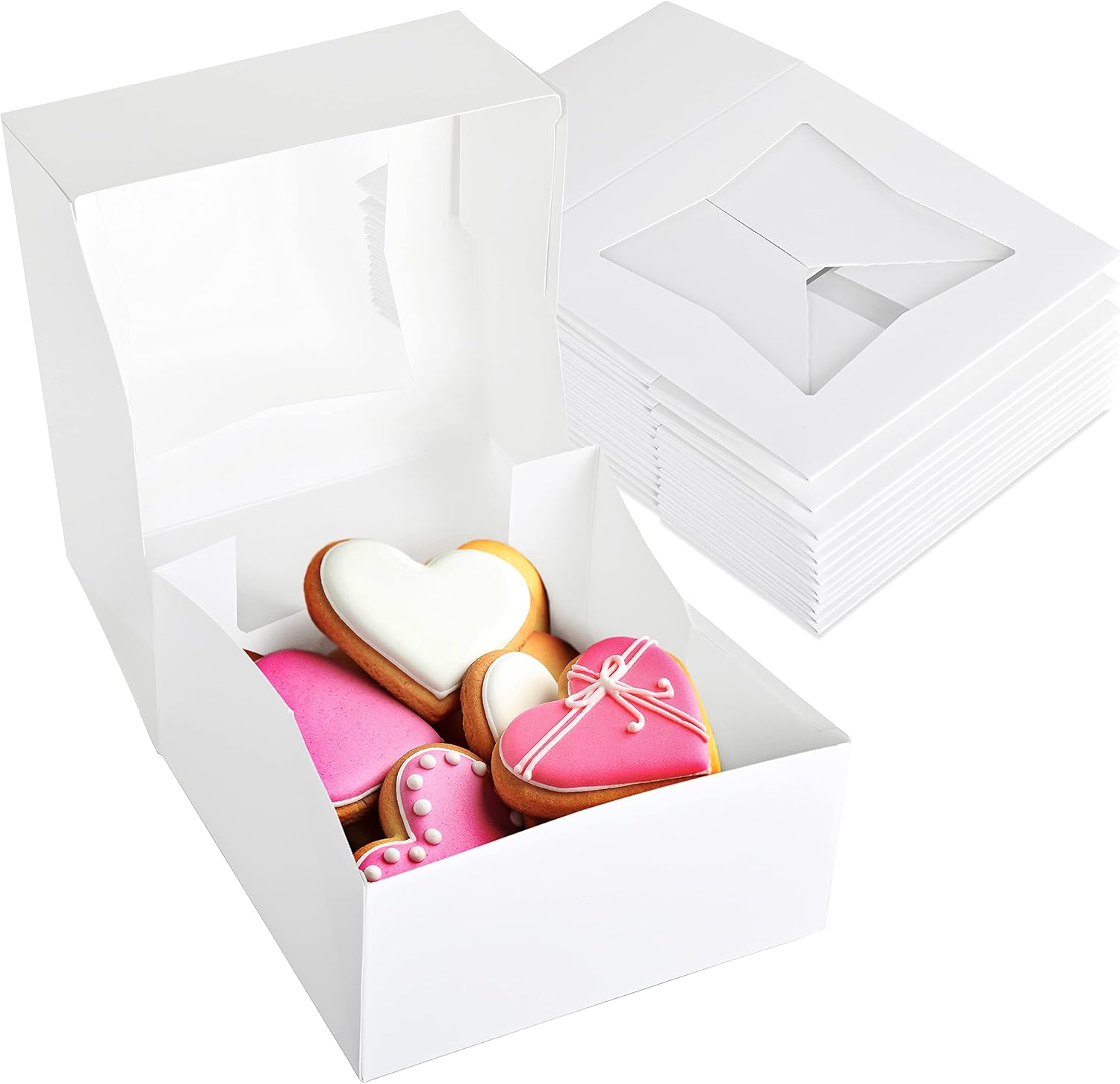 Stock Your Home 6 x 6 x 3 Inch White Cake Box with Viewing Window (15 Count) - Small Cookie Box - Cake Box with Auto Pop Design - Cake Box with Viewing Window for Cake Pops, Smash Hearts, Strawberries