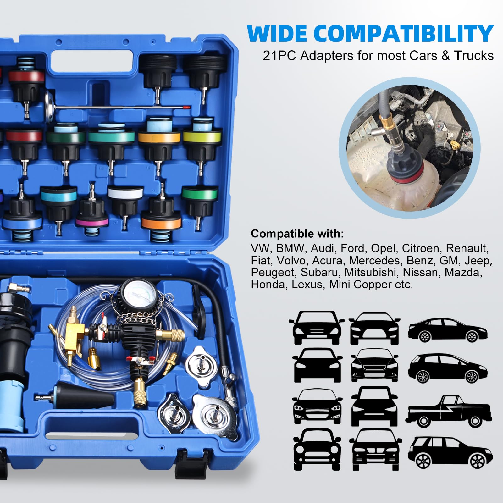 FreeTec 28pz Tester Pressione Radiatore, Universale Tester Impianto Raffreddamento con Kit Spurgo Liquido Refrigerante, Prova Pressione Radiatore Ricarica a Vuoto per Acqua Raffreddamento Auto