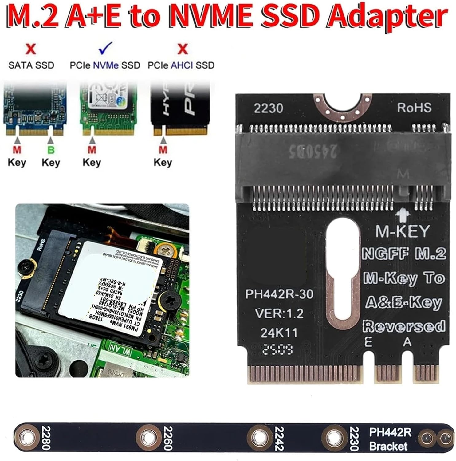 M.2 A+E to NVME SSD Adapter A/E Key to M Key PCIE 4.0 Riser Card M2 Interface for Laptop Mainboard SSD 2280