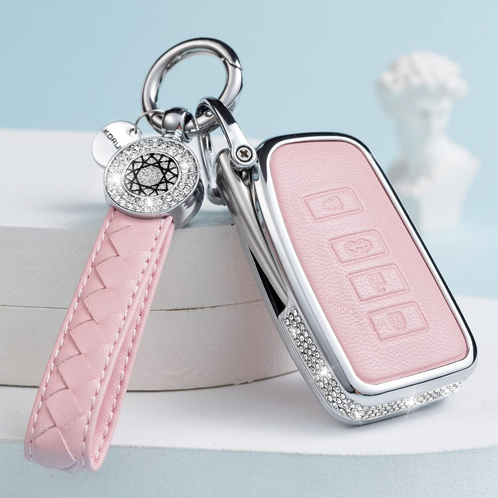 Compatible with Lexus Key Fob Cover with Keychain Leather Crystal 360 Degree Protection Key Shell Case for RX ES GS LS NX RS GX LX RC LC Smart Key-Pink