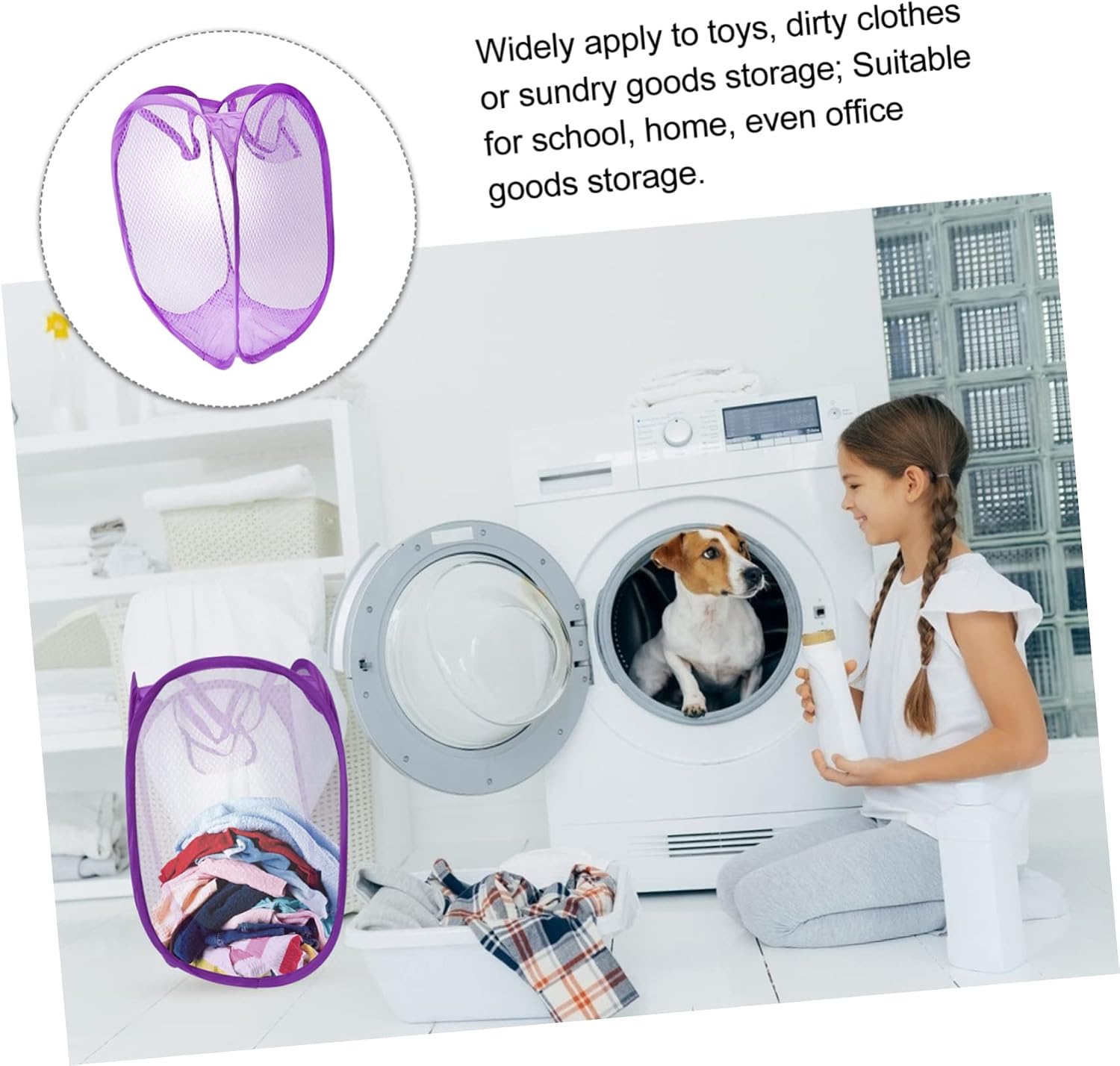 Purple Foldable Mesh Laundry Basket with Handles for College Dorm