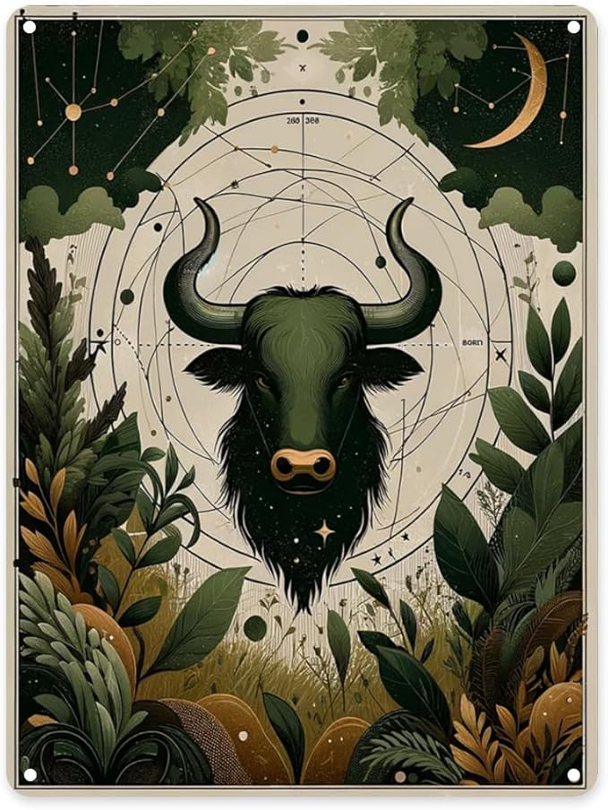 Metal tin sign,Taurus zodiac bull head with celestial circles, green leaves & starry motifs, unique wall art decor Tinplate for home, bedroom or astrological enthusiasts 12x16 inch