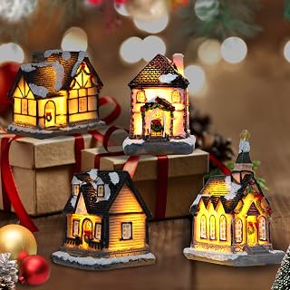 4 Pcs Small Christmas Village House Resin Collectible Buildings for Christmas Table Decorations Xmas Lantern with Led Light