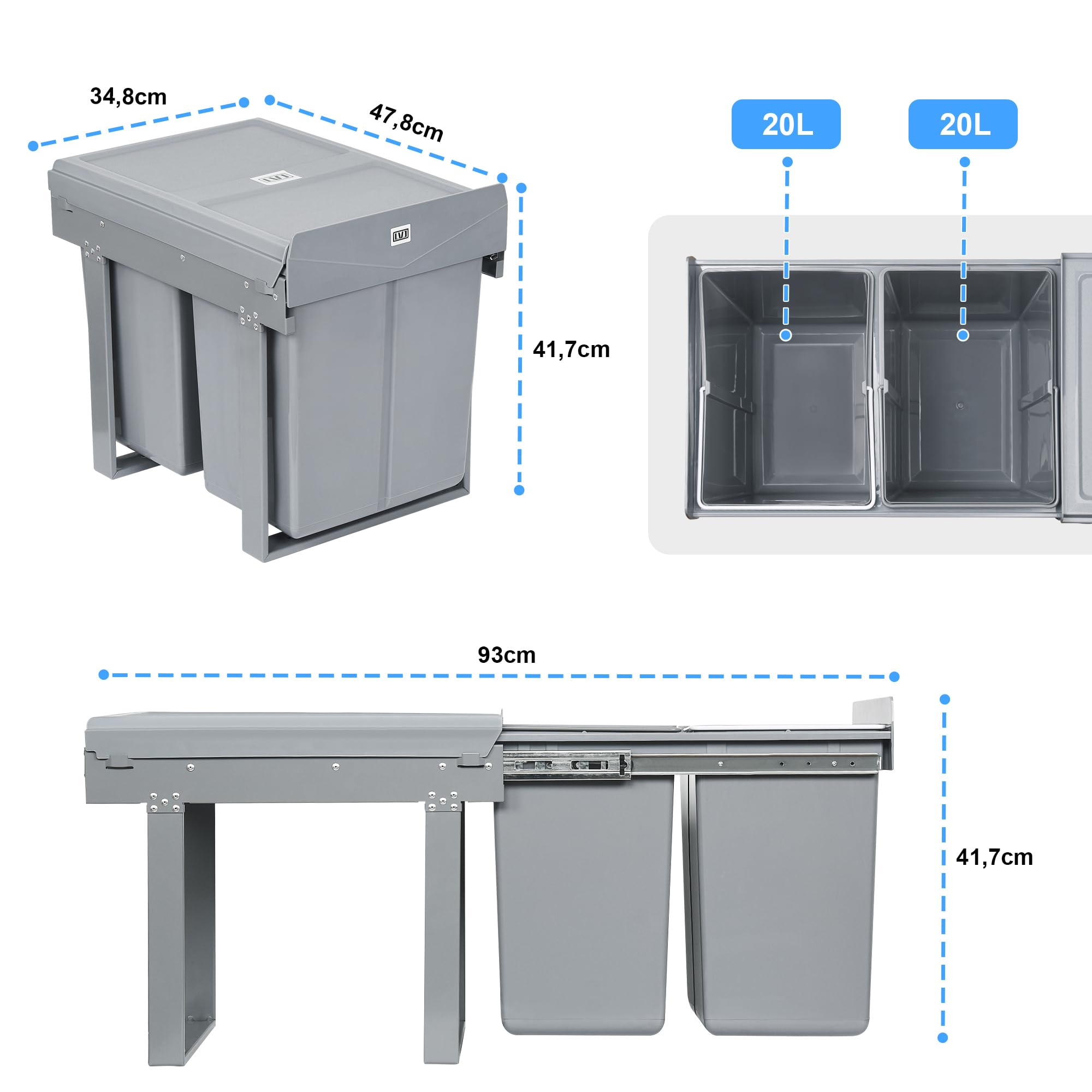 LVJ Amélioré 40L Poubelle Encastrable Sous évier- Séparation Des Déchets - 2 Compartiments Extensibles - 2 x 20 l - Dimensions: 47.8 x 34.8 x 41.7 cm (L x l x H) - Gris